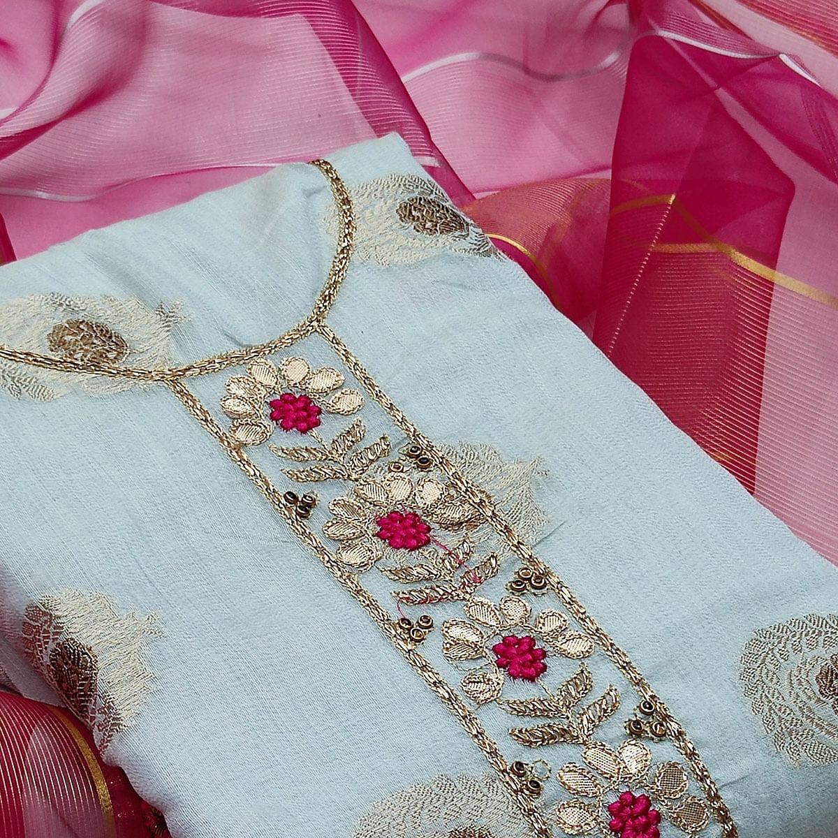 Sky Blue Casual Wear Floral Embroidery Modal Chanderi Jacquard Dress Material - Peachmode