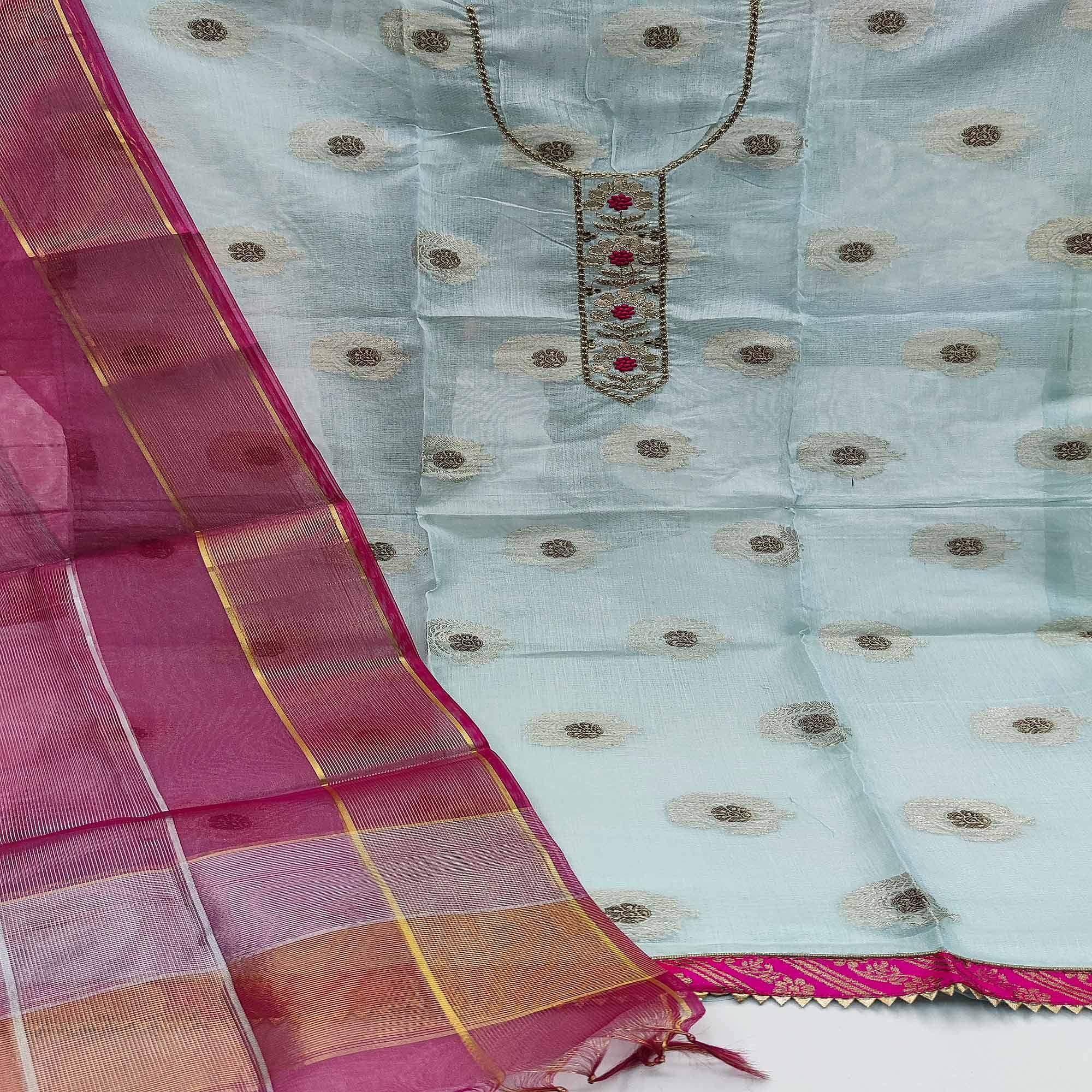 Sky Blue Casual Wear Floral Embroidery Modal Chanderi Jacquard Dress Material - Peachmode