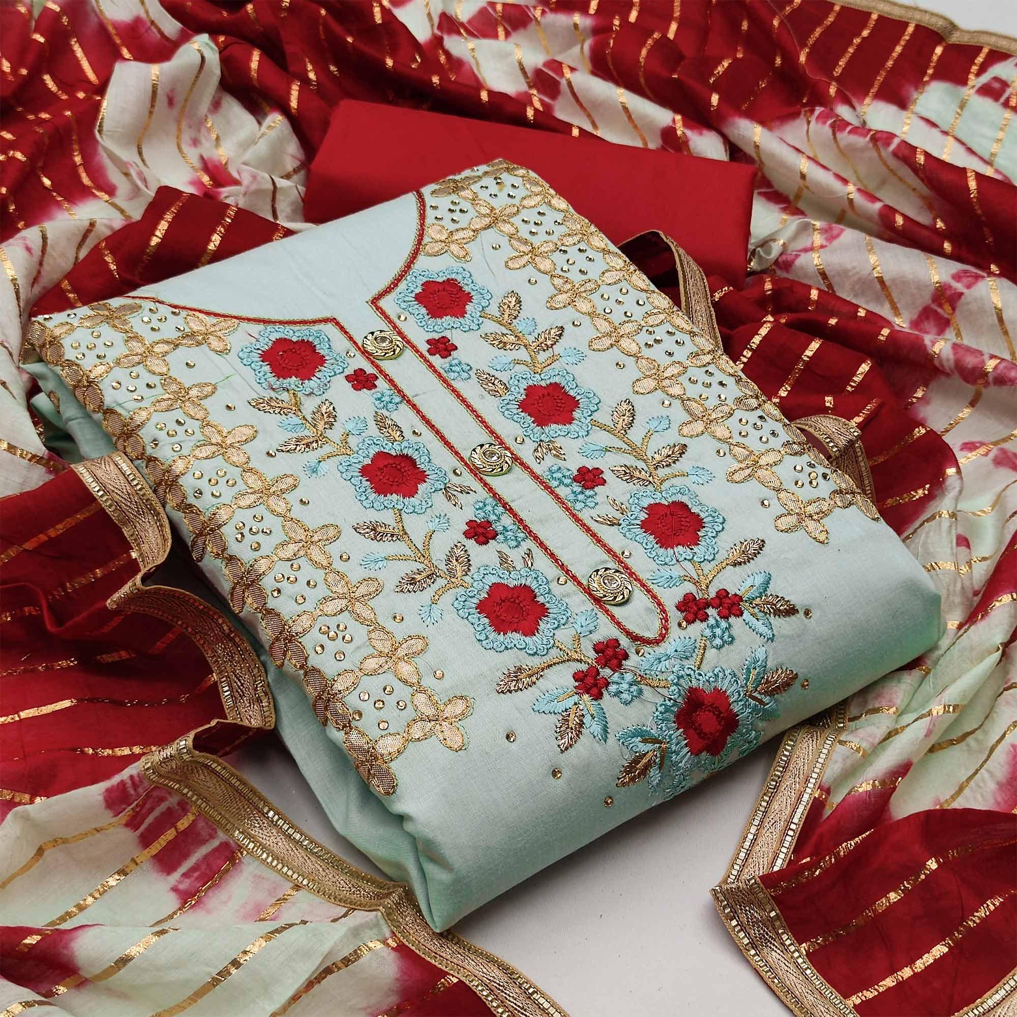 Sky Blue Casual Wear Floral Embroidery With Hand Work Cotton Dress Material - Peachmode
