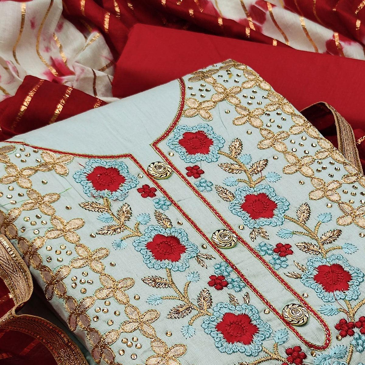 Sky Blue Casual Wear Floral Embroidery With Hand Work Cotton Dress Material - Peachmode
