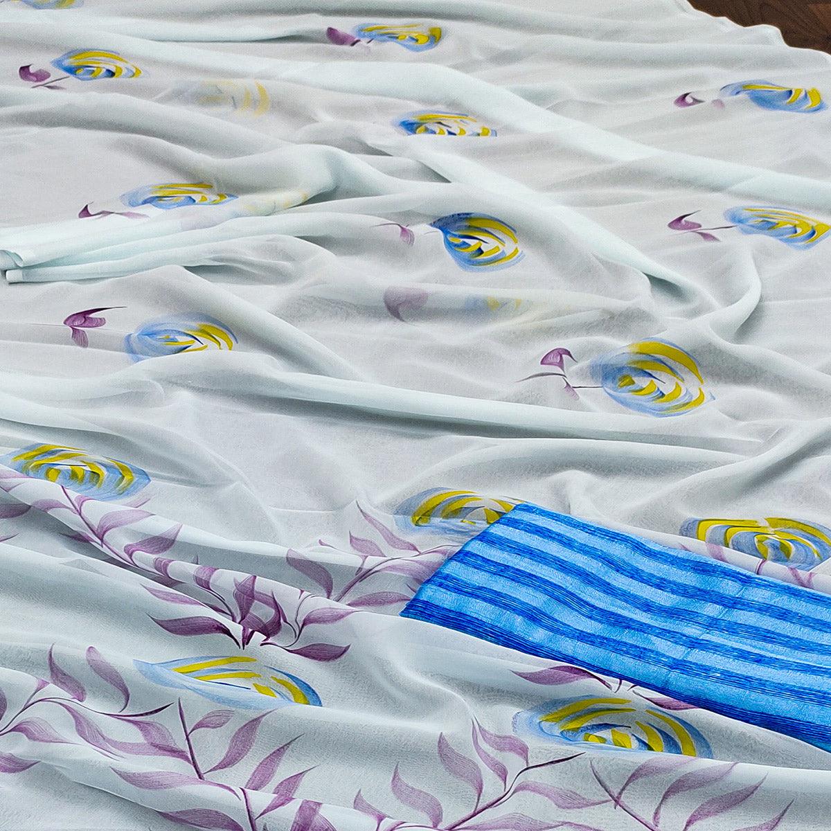 Sky Blue Casual Wear Floral Hand Printed Georgette Saree - Peachmode