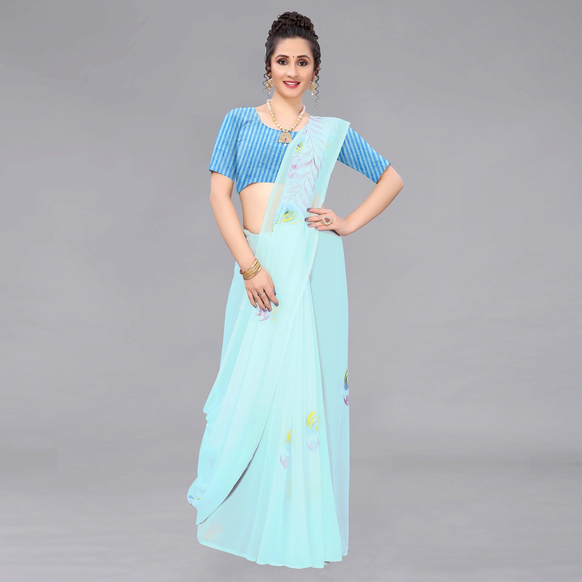 Sky Blue Casual Wear Floral Hand Printed Georgette Saree - Peachmode
