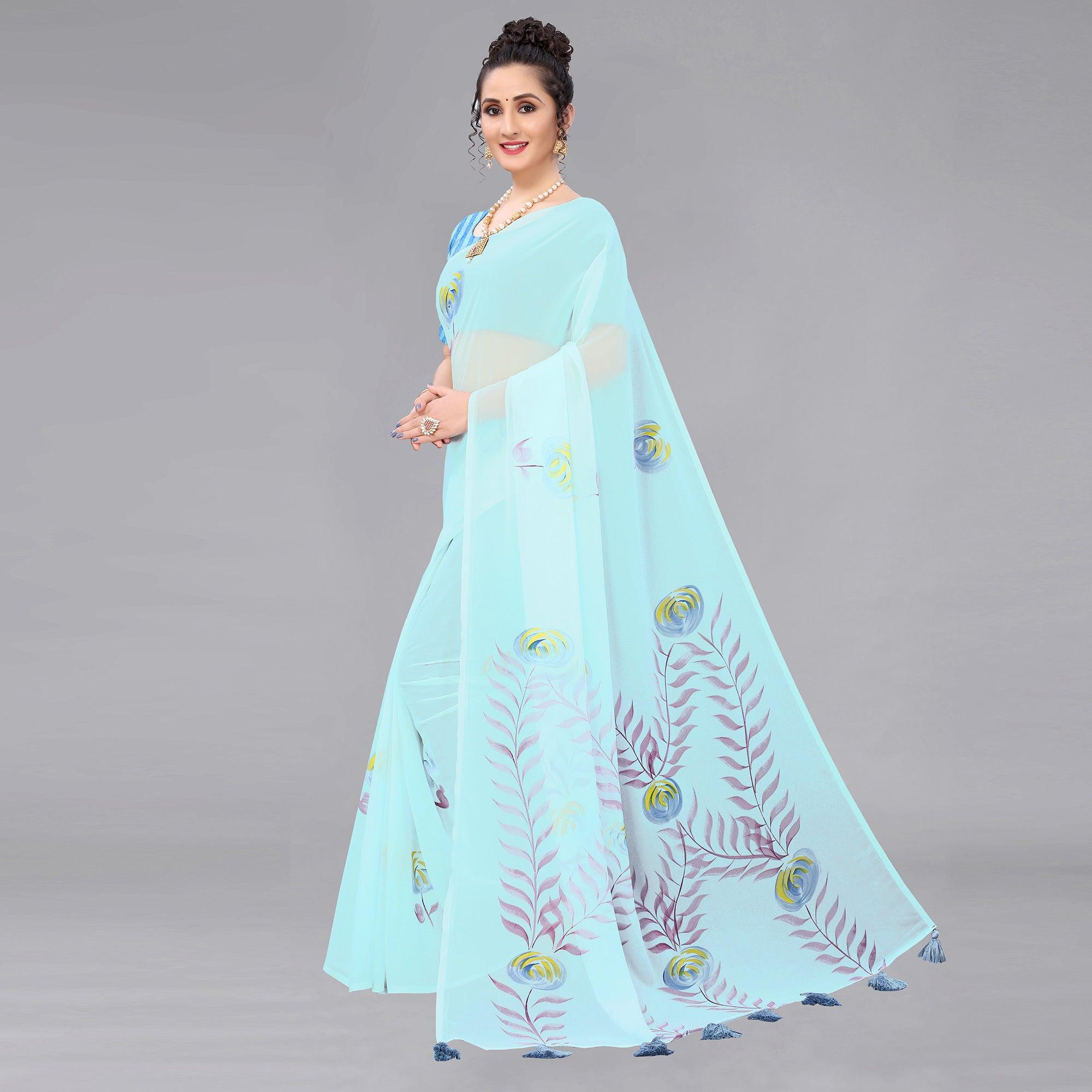 Sky Blue Casual Wear Floral Hand Printed Georgette Saree - Peachmode