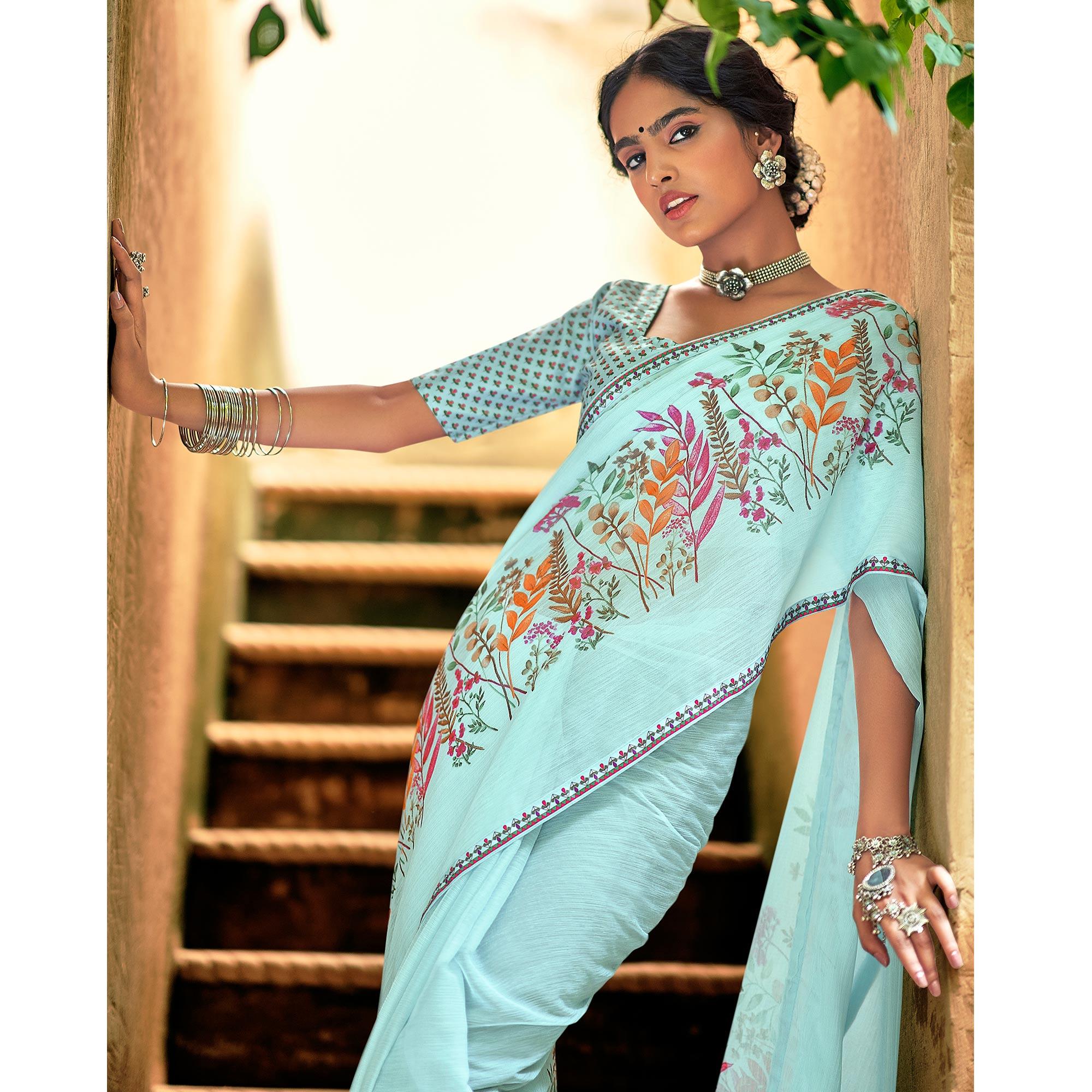 Sky Blue Casual Wear Floral Printed Chiffon Saree With Fancy Blouse - Peachmode