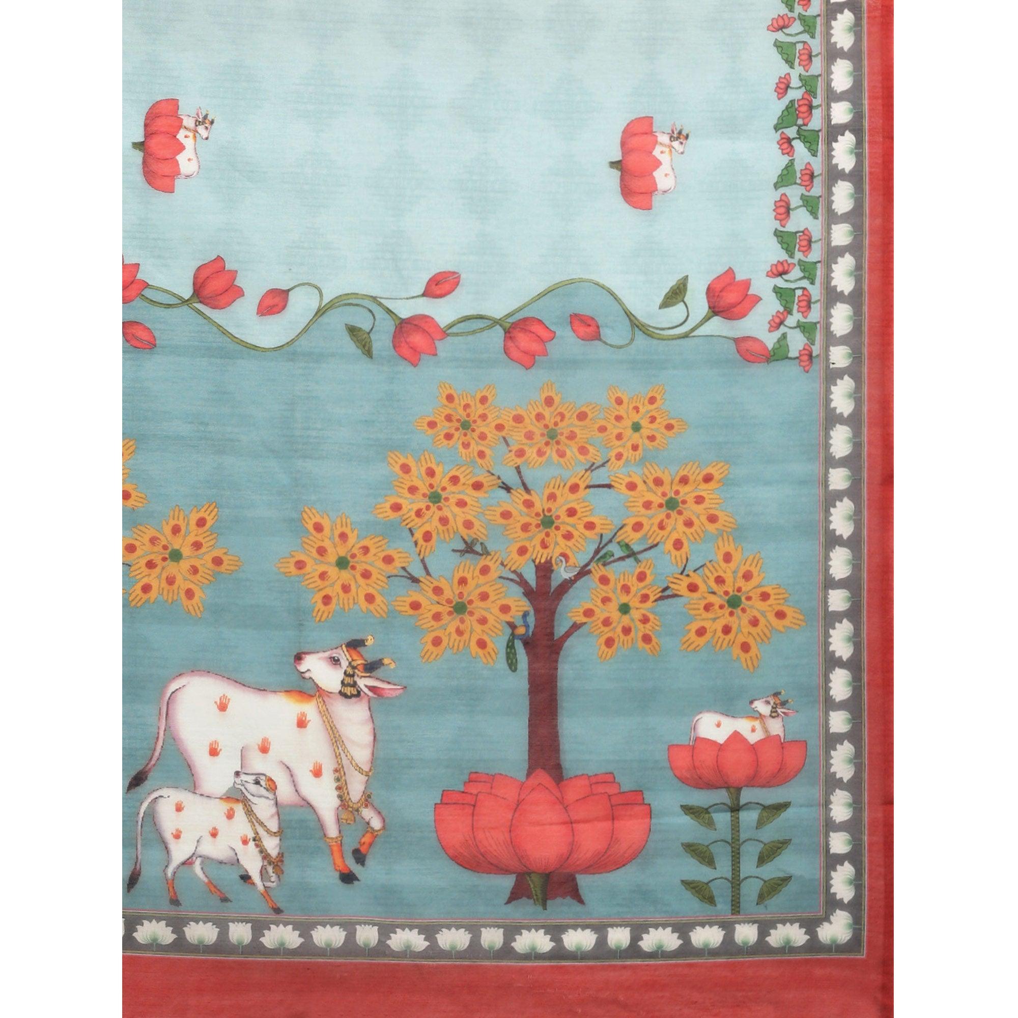 Sky Blue Casual Wear Floral Printed Cotton Saree - Peachmode