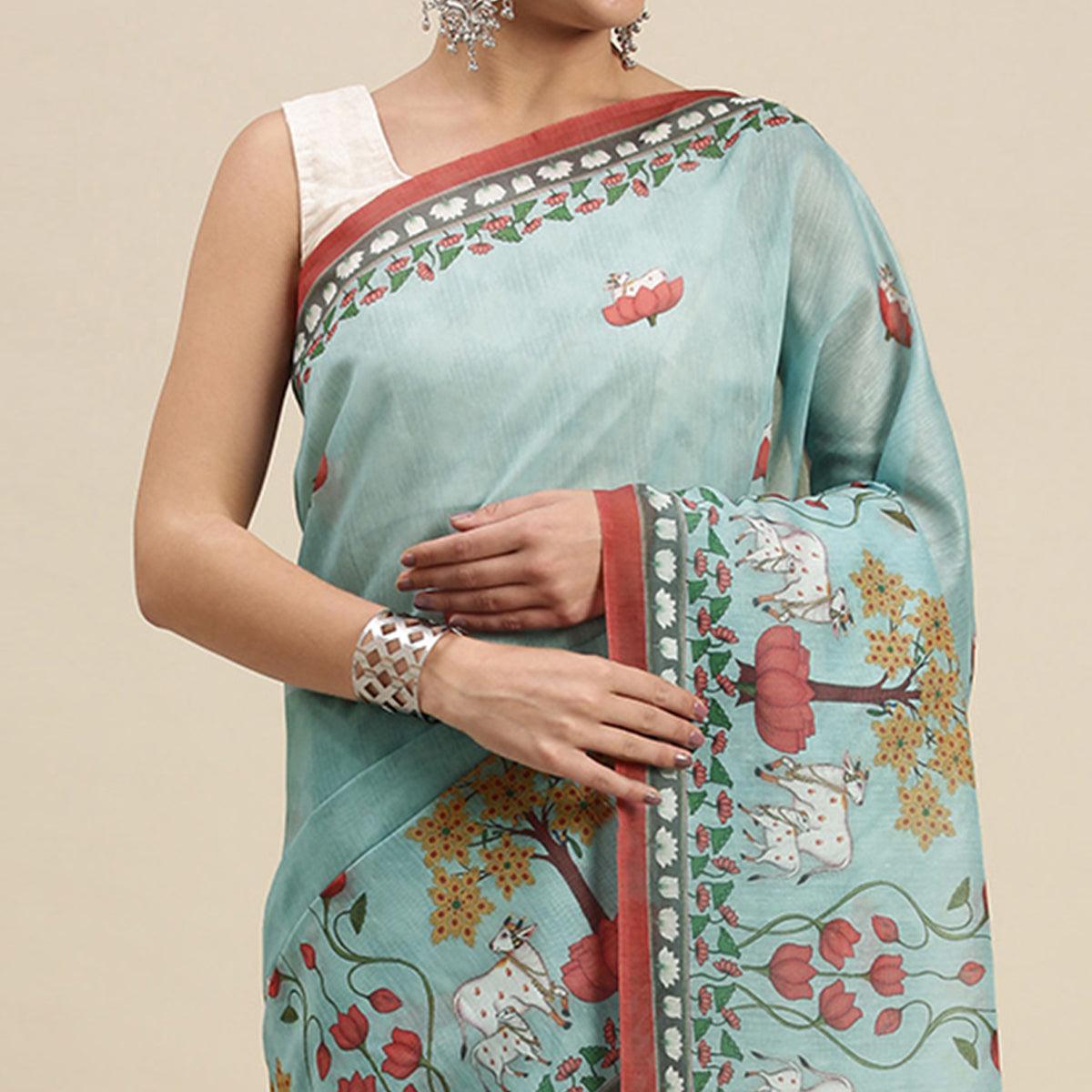 Sky Blue Casual Wear Floral Printed Cotton Saree - Peachmode