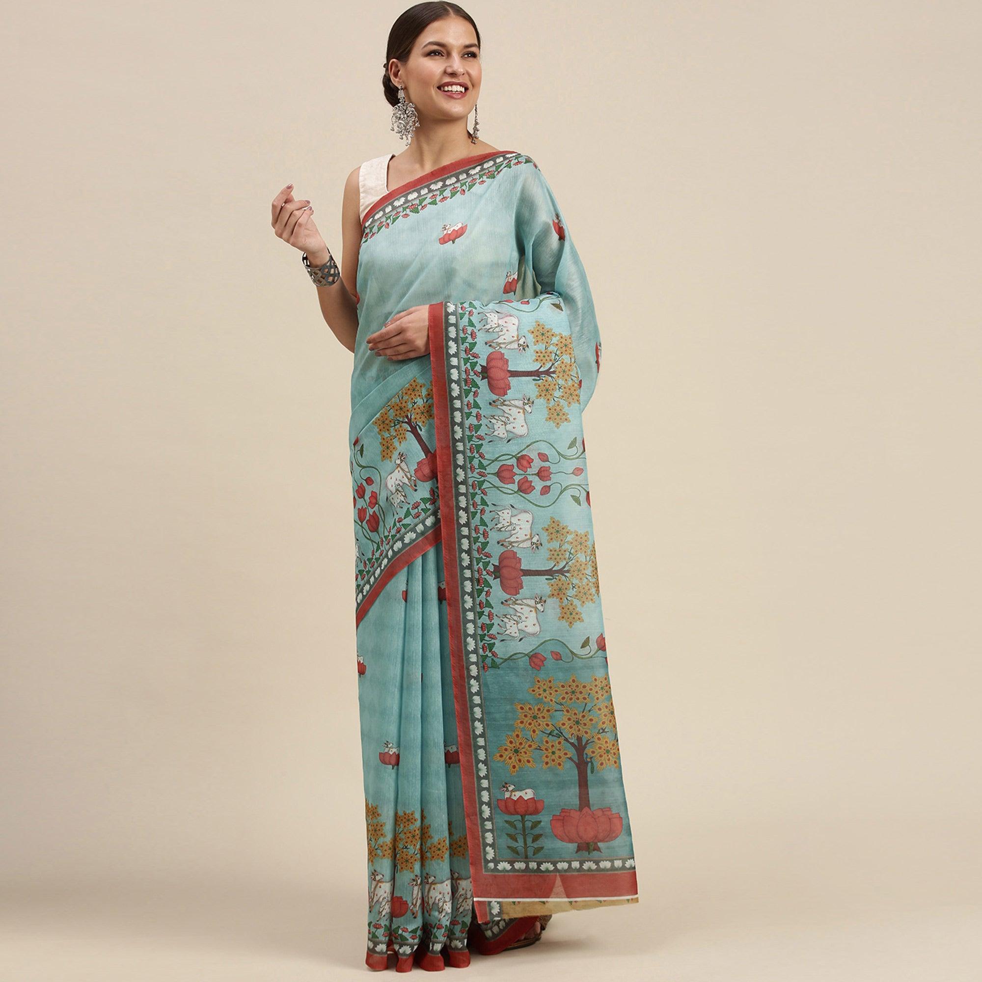 Sky Blue Casual Wear Floral Printed Cotton Saree - Peachmode