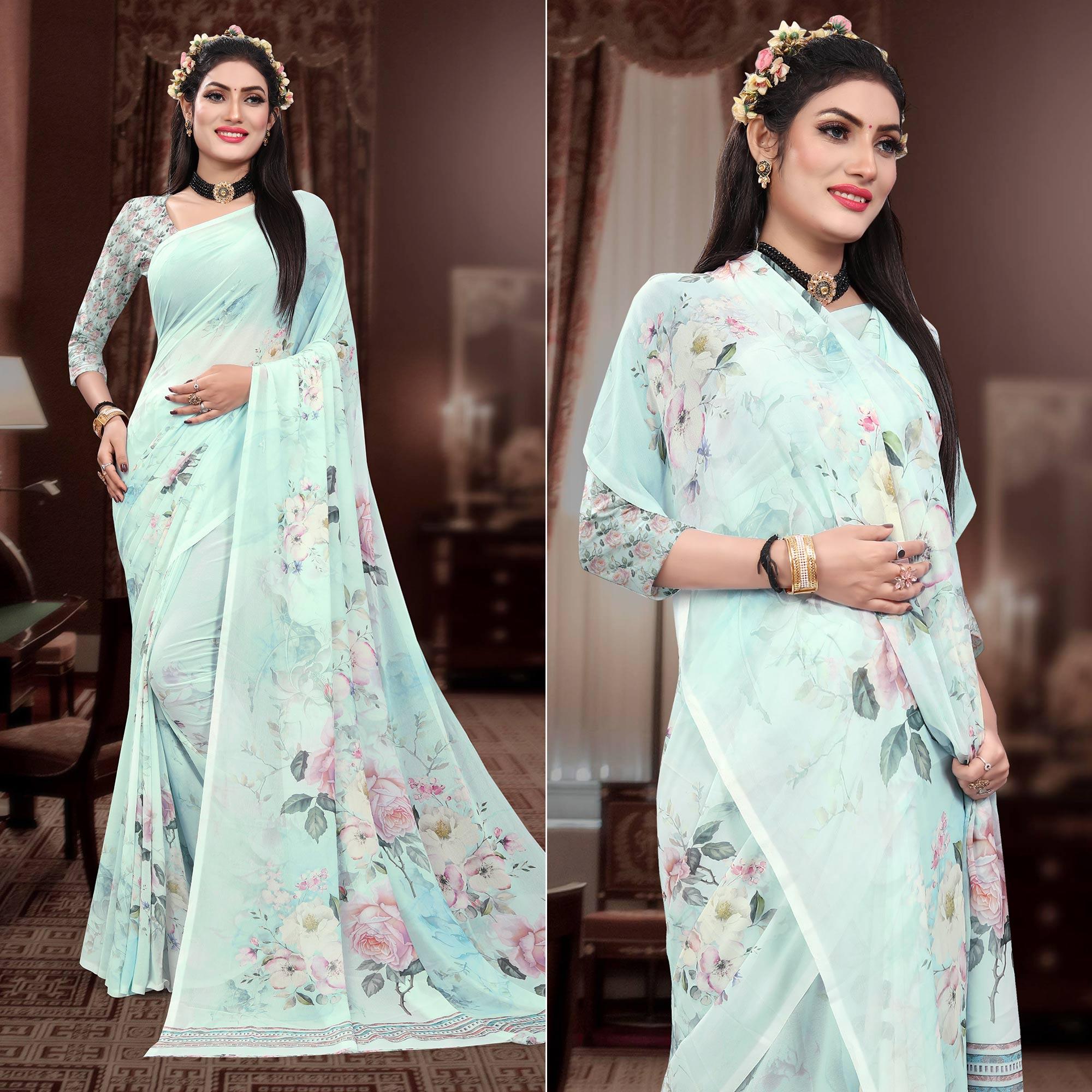 Sky Blue Casual Wear Floral Printed Georgette Saree - Peachmode