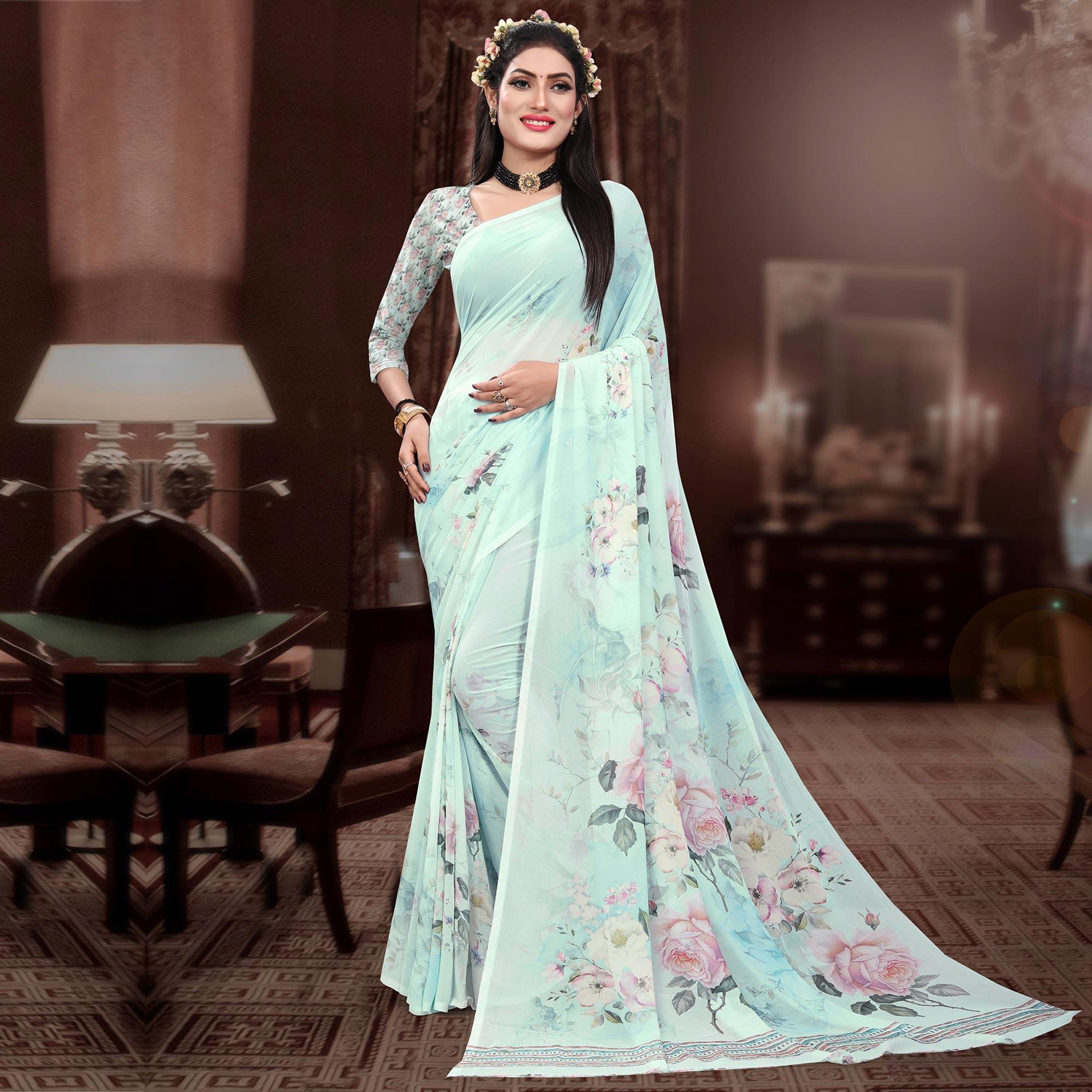 Sky Blue Casual Wear Floral Printed Georgette Saree - Peachmode