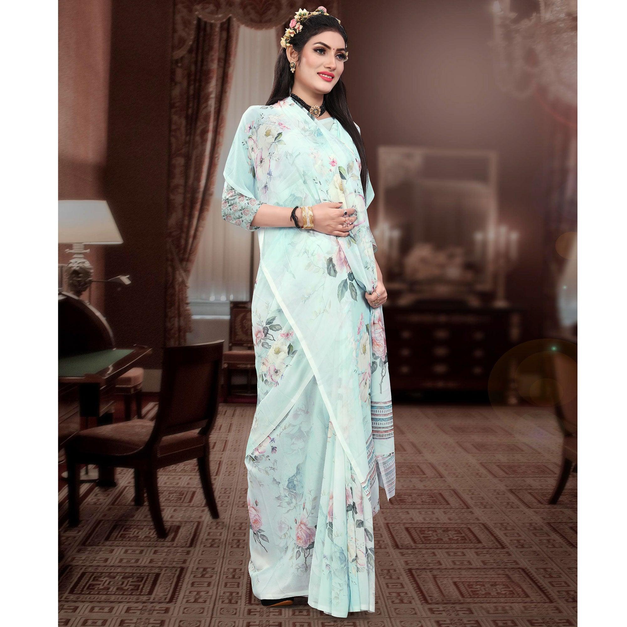Sky Blue Casual Wear Floral Printed Georgette Saree - Peachmode