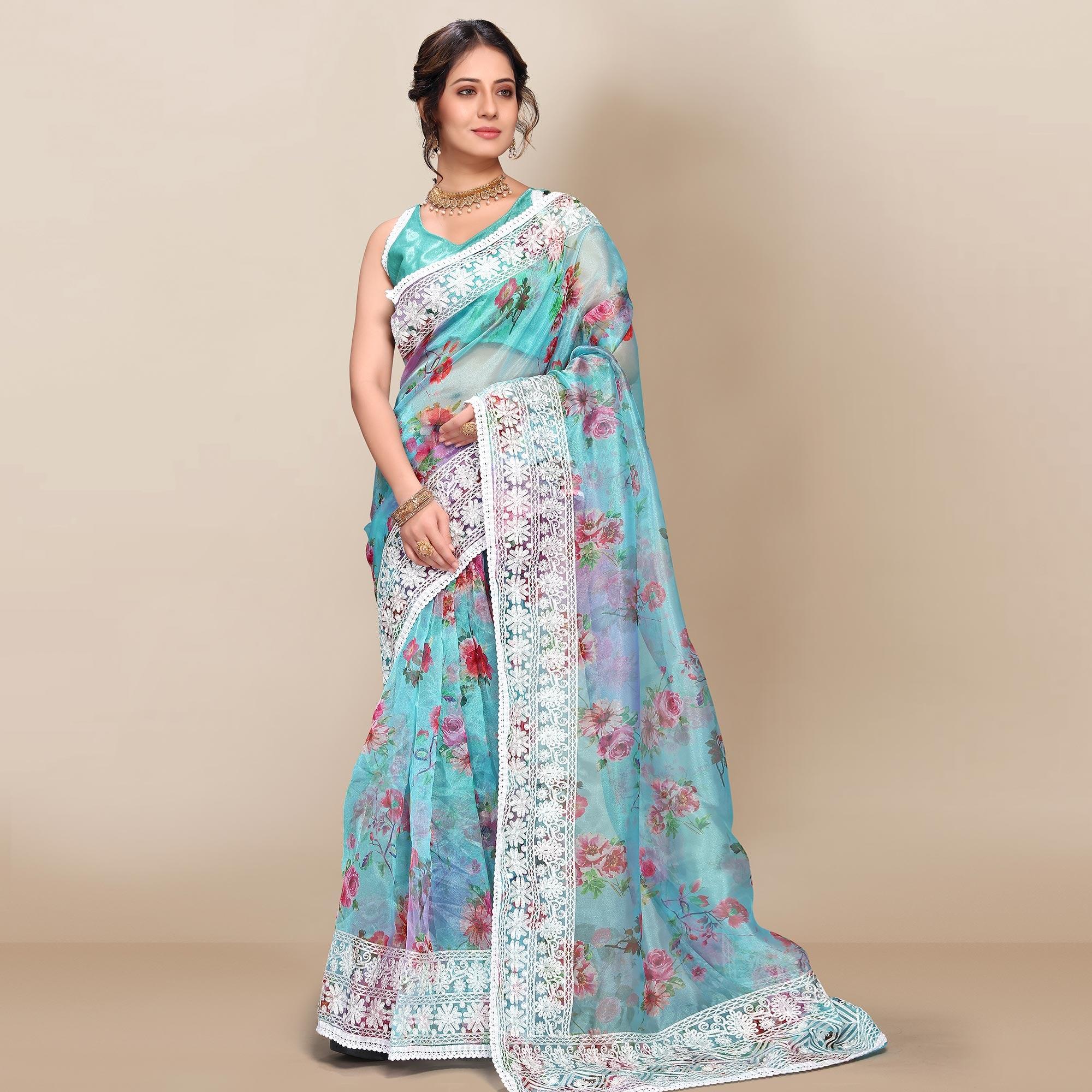 Sky Blue Casual Wear Floral Printed Organza Saree With Embroidered Border - Peachmode