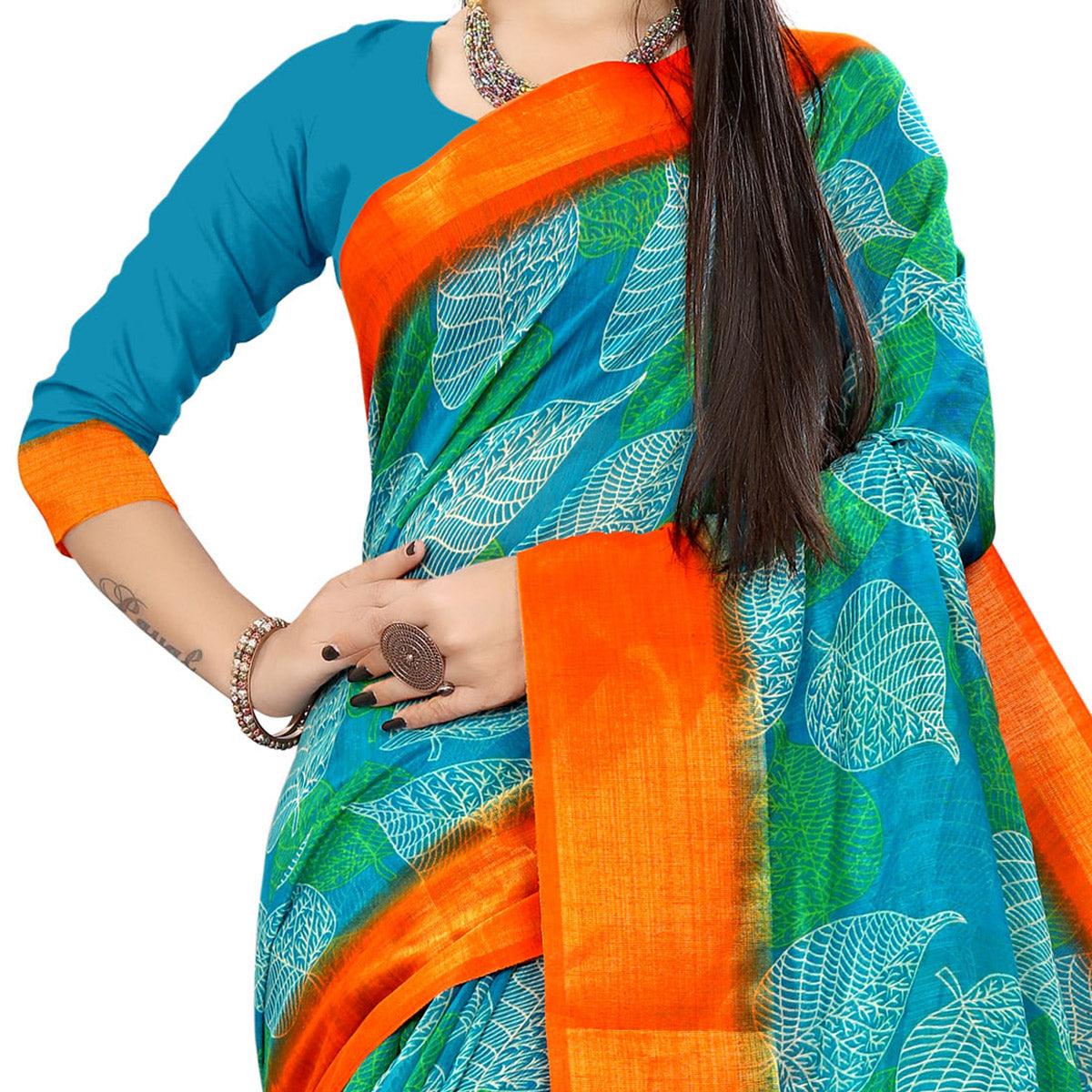 Sky Blue Casual Wear Leaf Printed Cotton Linen Saree - Peachmode