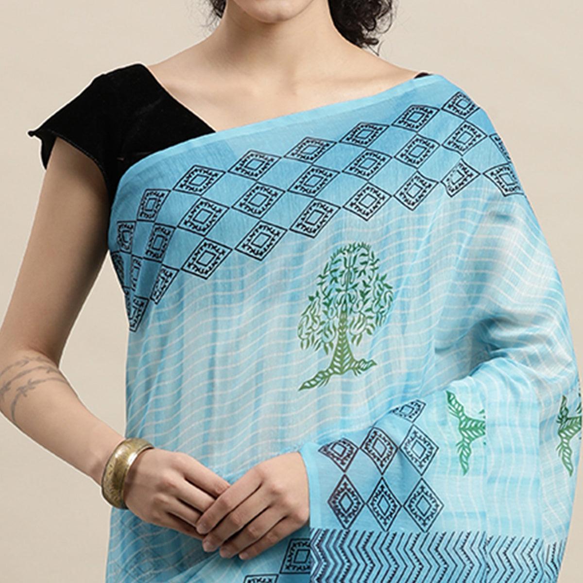 Sky Blue Casual Wear Printed Cotton Blend Saree With Tassels - Peachmode