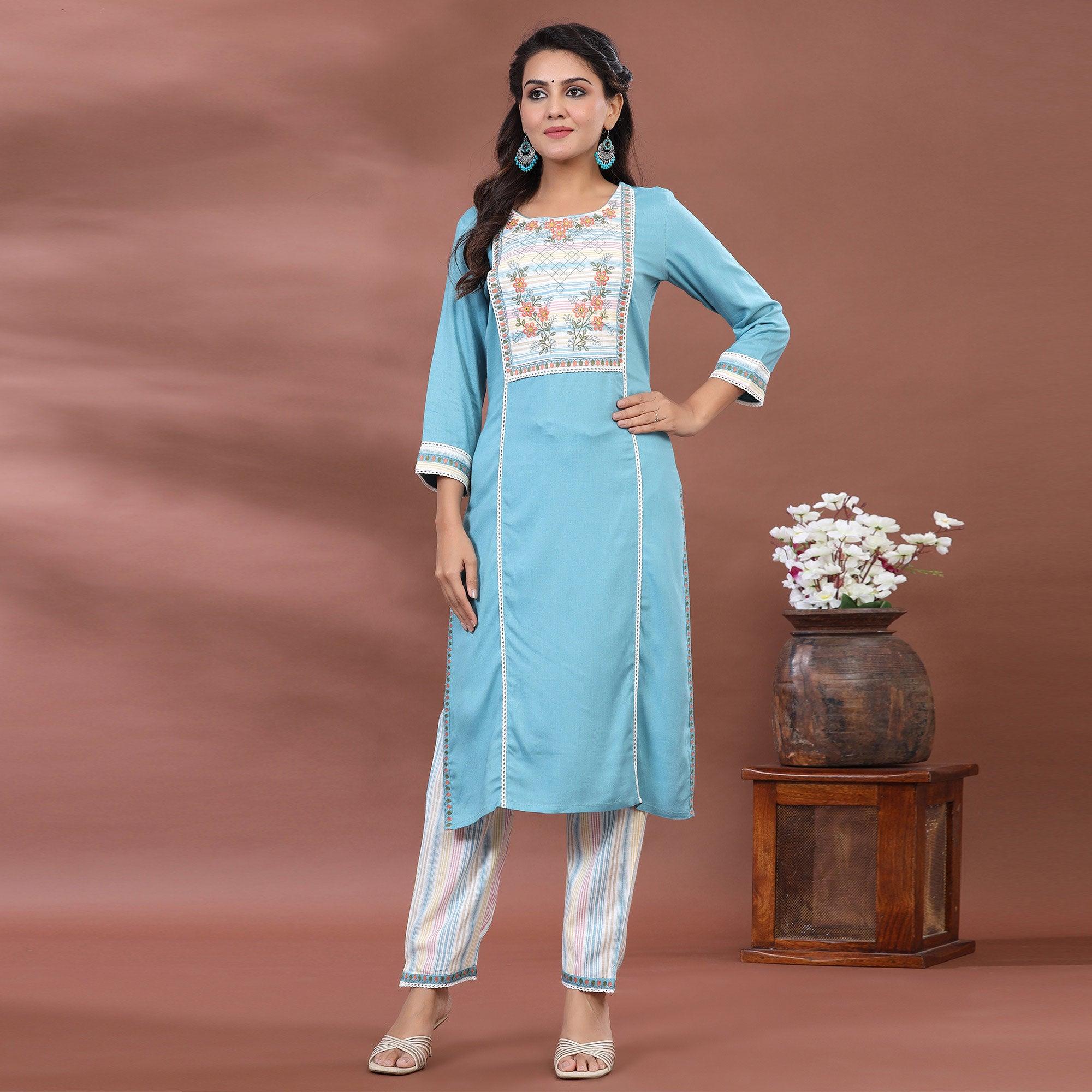 Sky Blue Casual Wear Printed Cotton Kurti - Pant Set - Peachmode