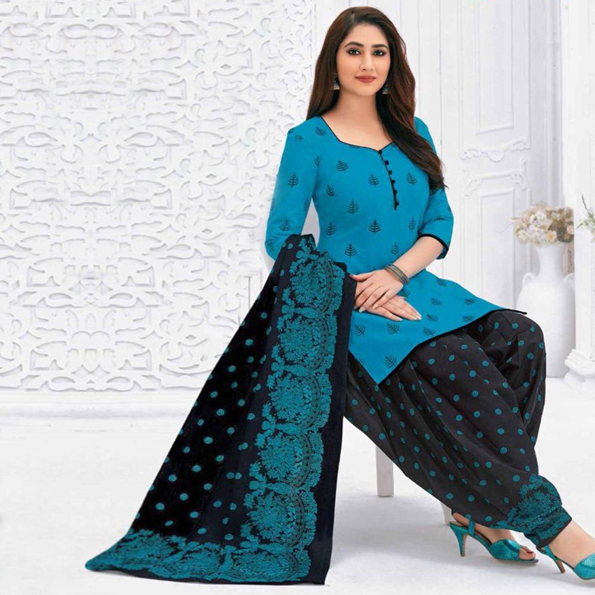 Sky Blue Casual Wear Printed Leon Patiala Dress Material - Peachmode
