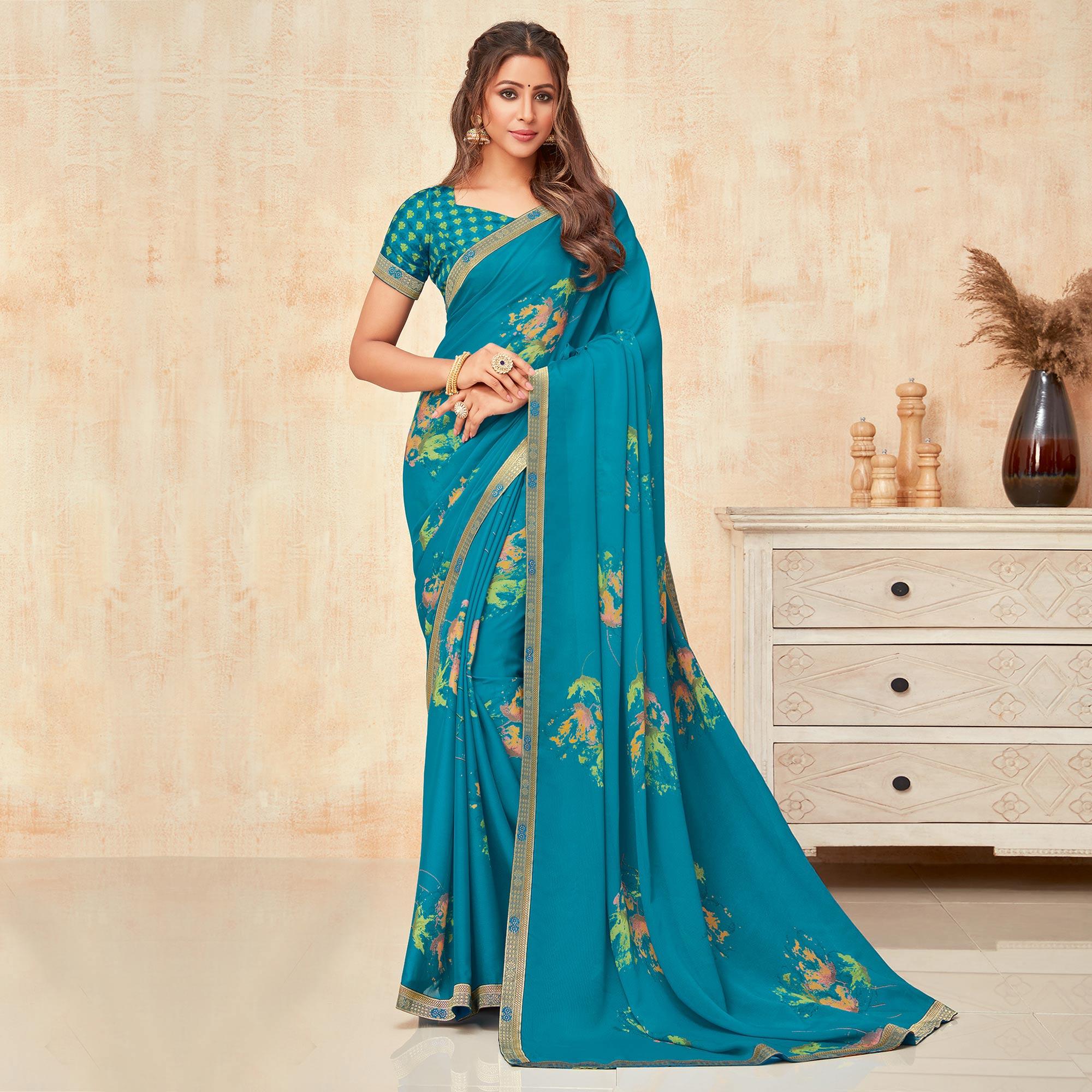 Sky Blue Casual Wear Printed Silk Georgette Saree - Peachmode