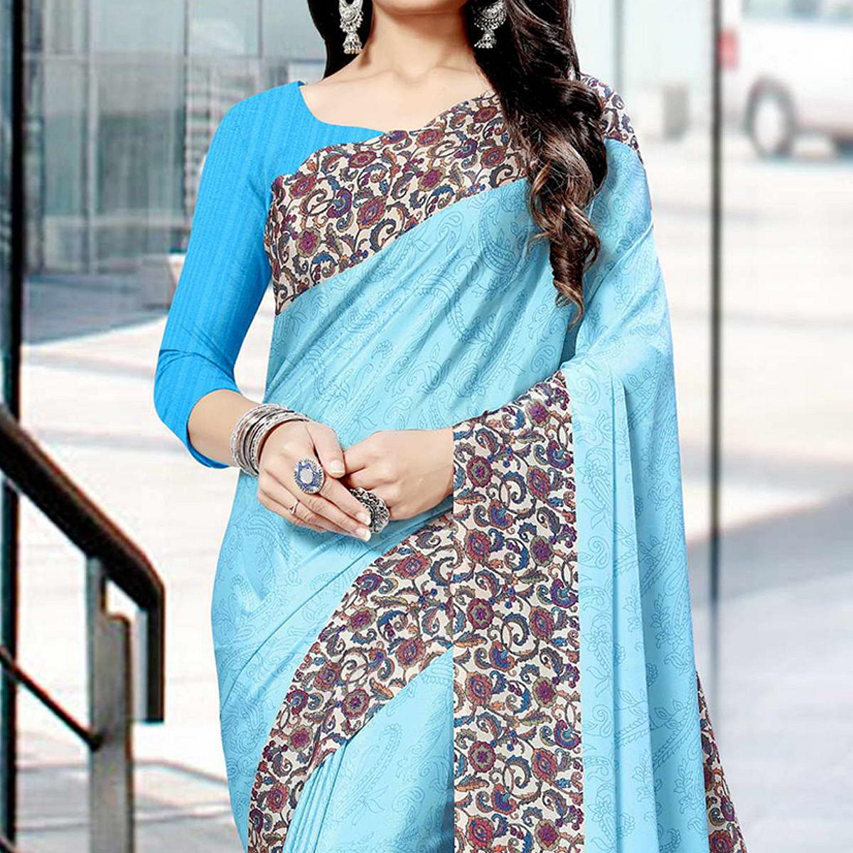 Sky Blue Casual Wear Printed Silk Saree - Peachmode