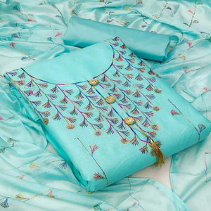 Sky Blue Casual Wear Sequence Work Cotton Dress Material - Peachmode