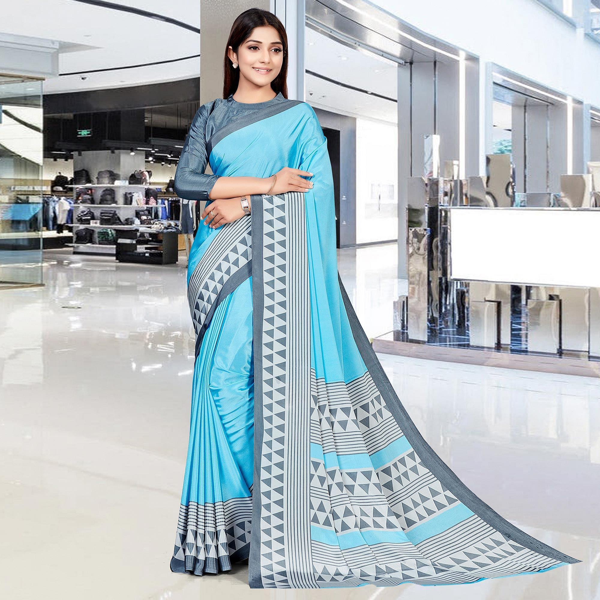 Sky Blue Casual Wear Solid Silk Saree - Peachmode