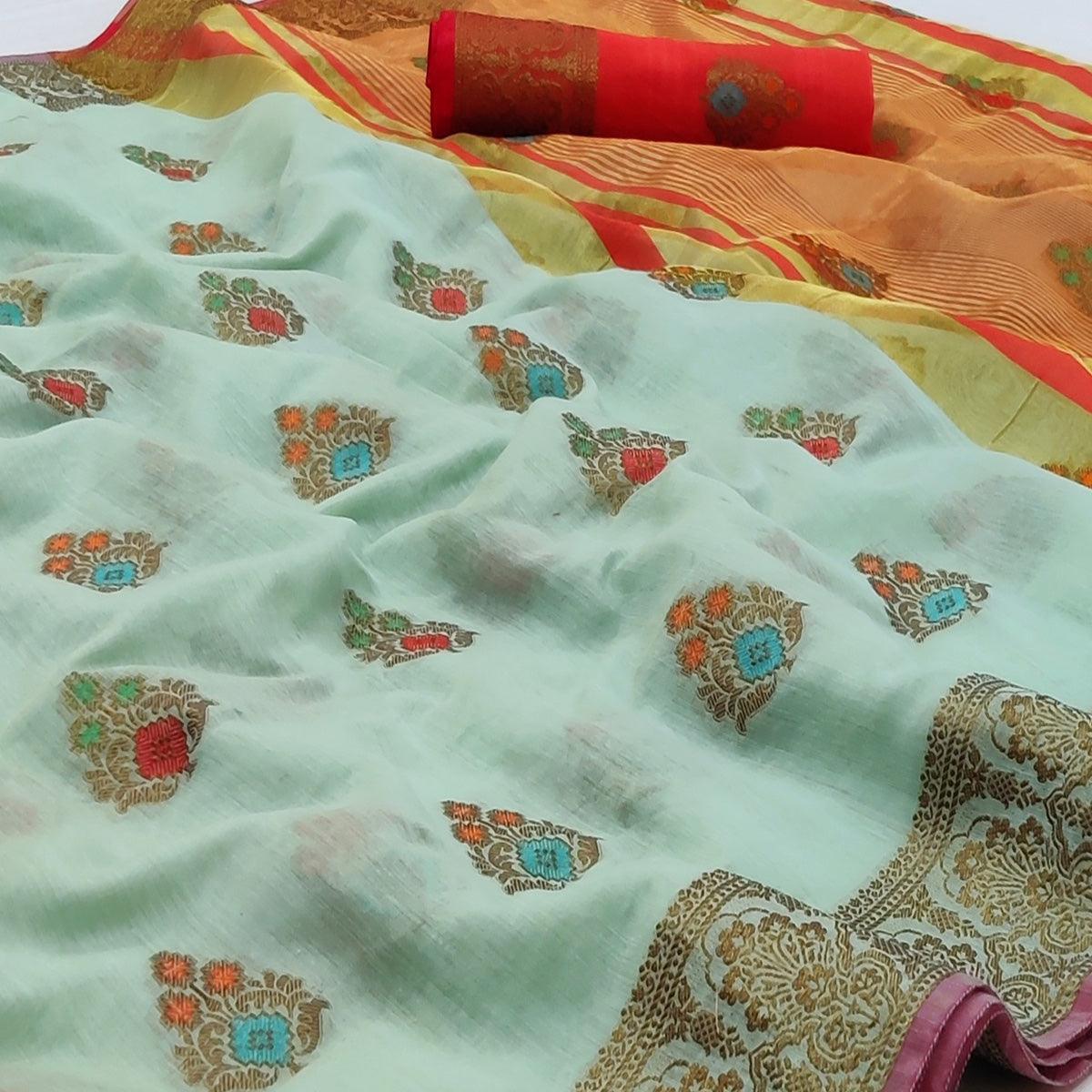 Sky Blue Casual Wear Woven Cotton Saree - Peachmode
