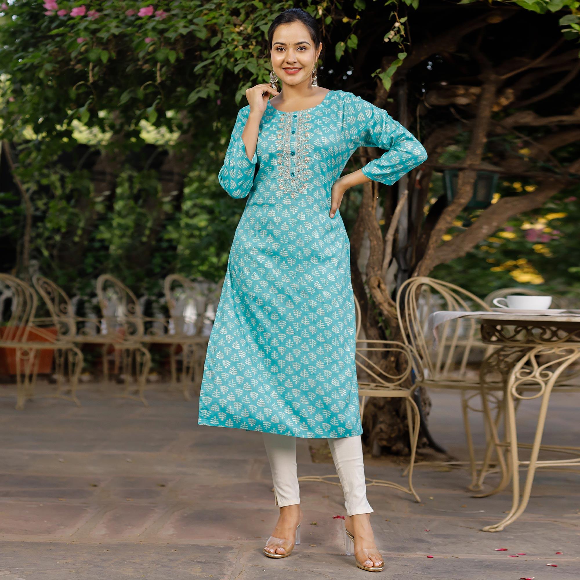 Sky Blue Crayon Printed Rayon Kurti - Peachmode