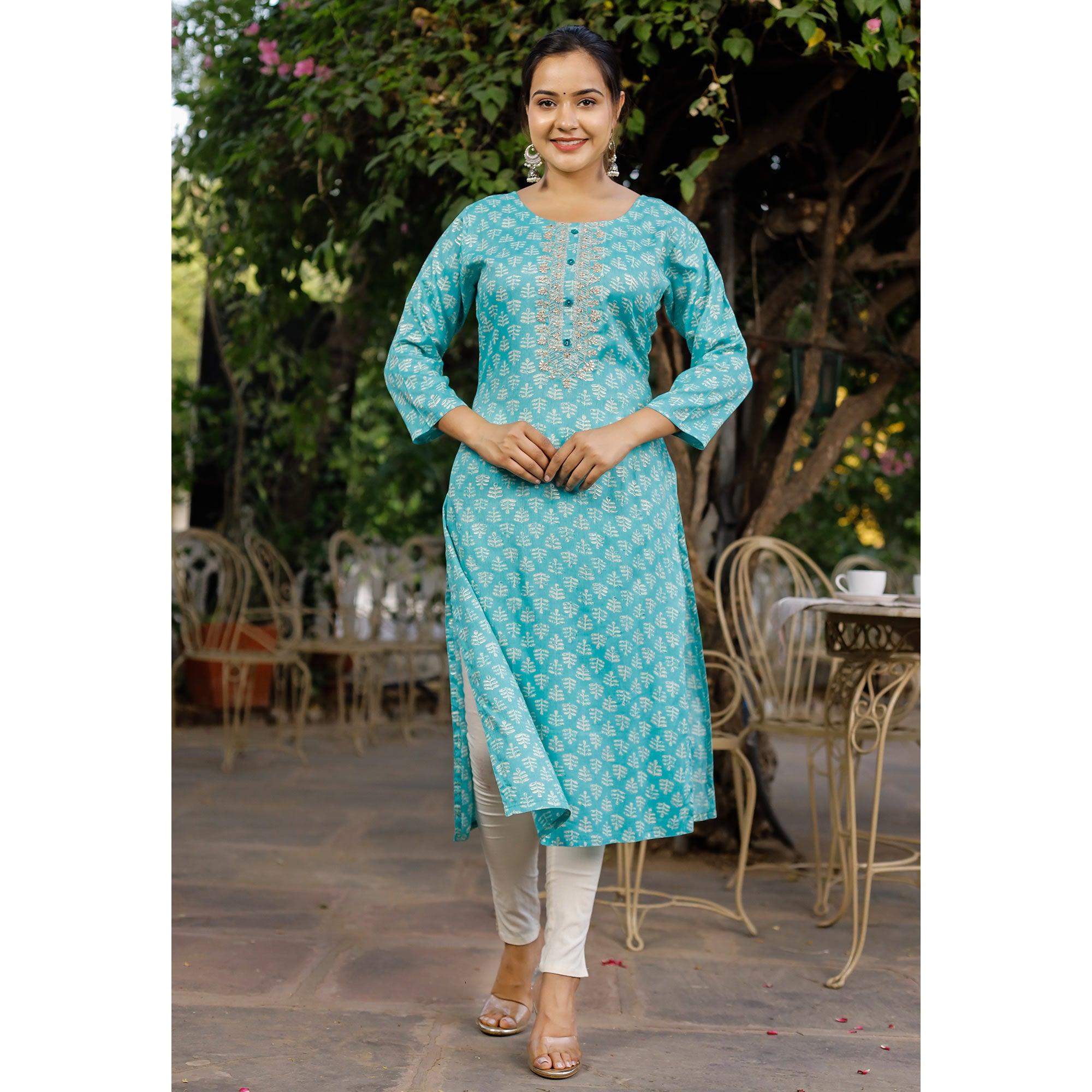 Sky Blue Crayon Printed Rayon Kurti - Peachmode