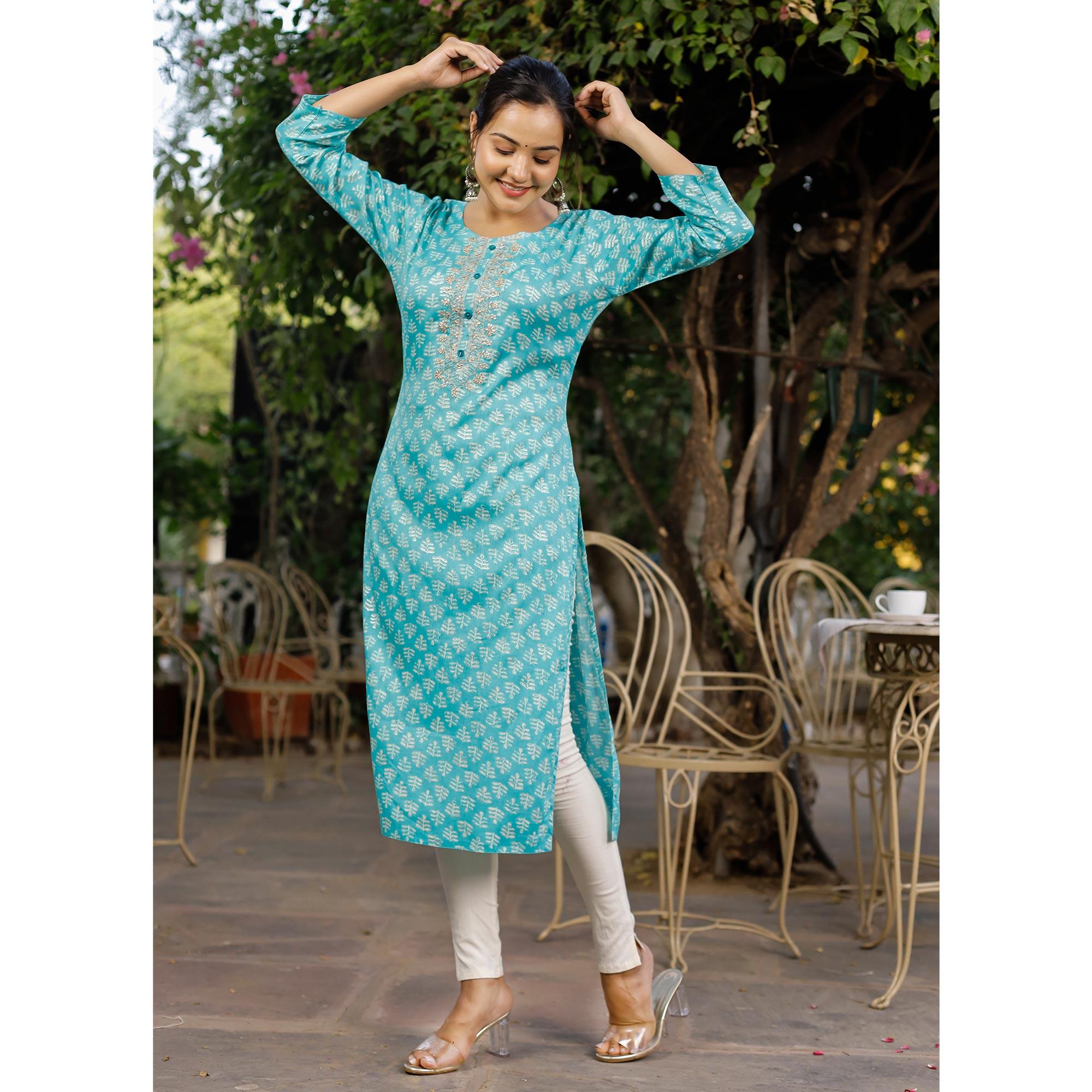 Sky Blue Crayon Printed Rayon Kurti - Peachmode