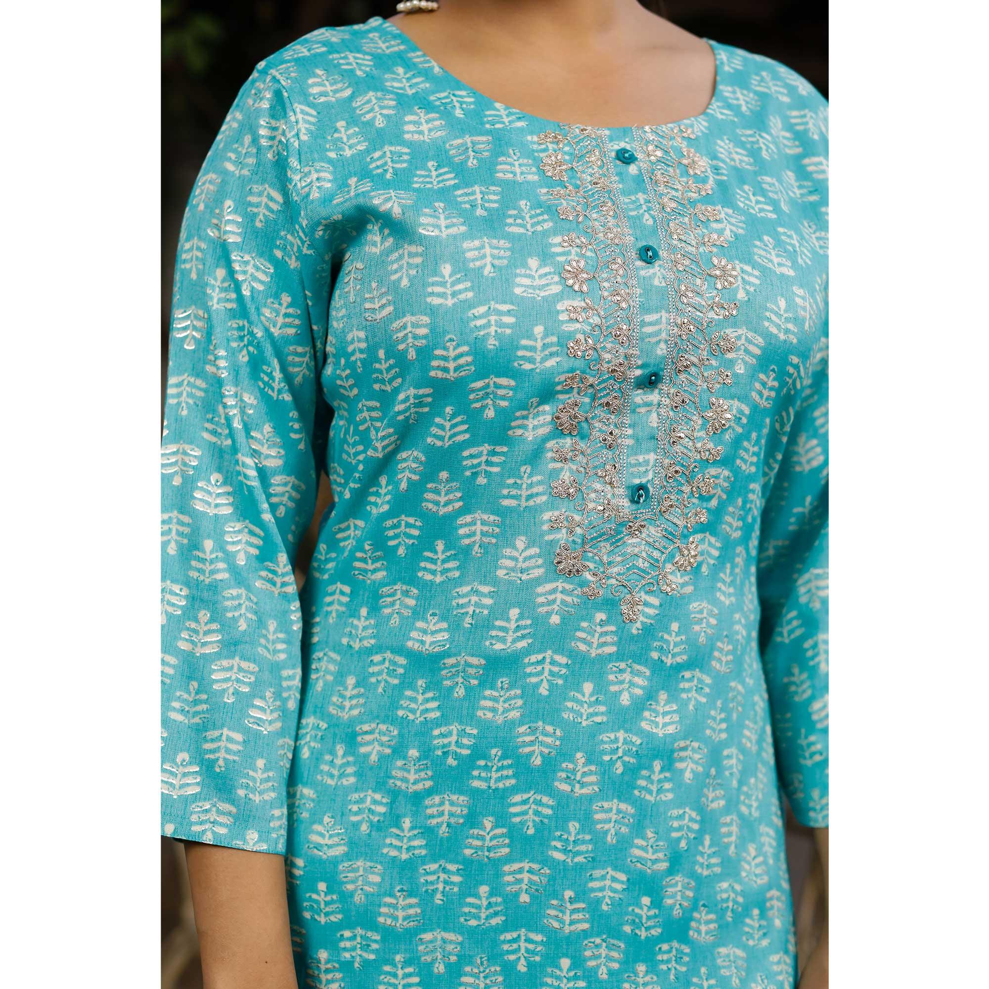 Sky Blue Crayon Printed Rayon Kurti - Peachmode