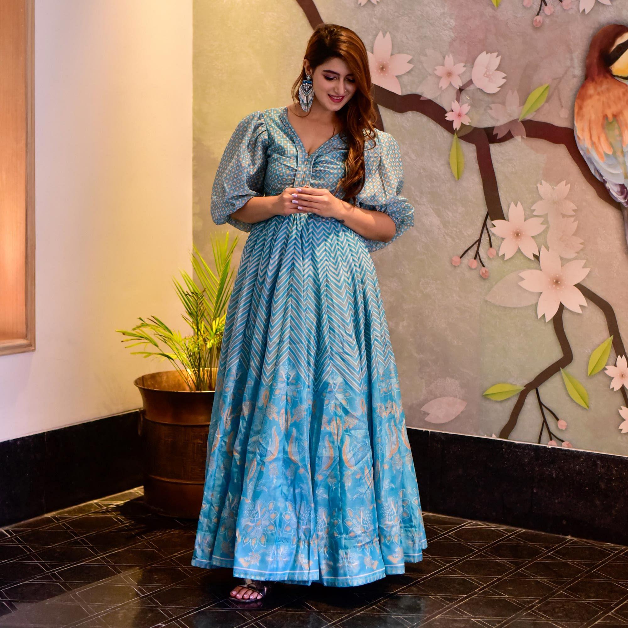 Sky Blue Digital Floral Printed Muslin Gown - Peachmode