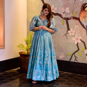 Sky Blue Digital Floral Printed Muslin Gown - Peachmode