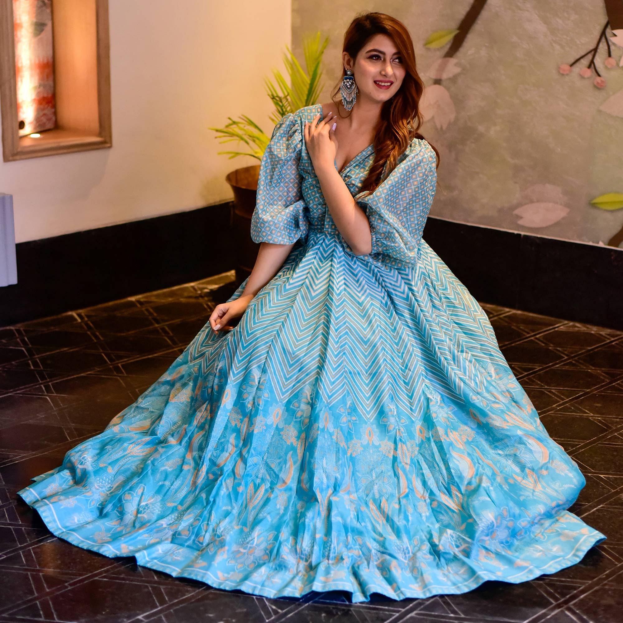 Sky Blue Digital Floral Printed Muslin Gown - Peachmode