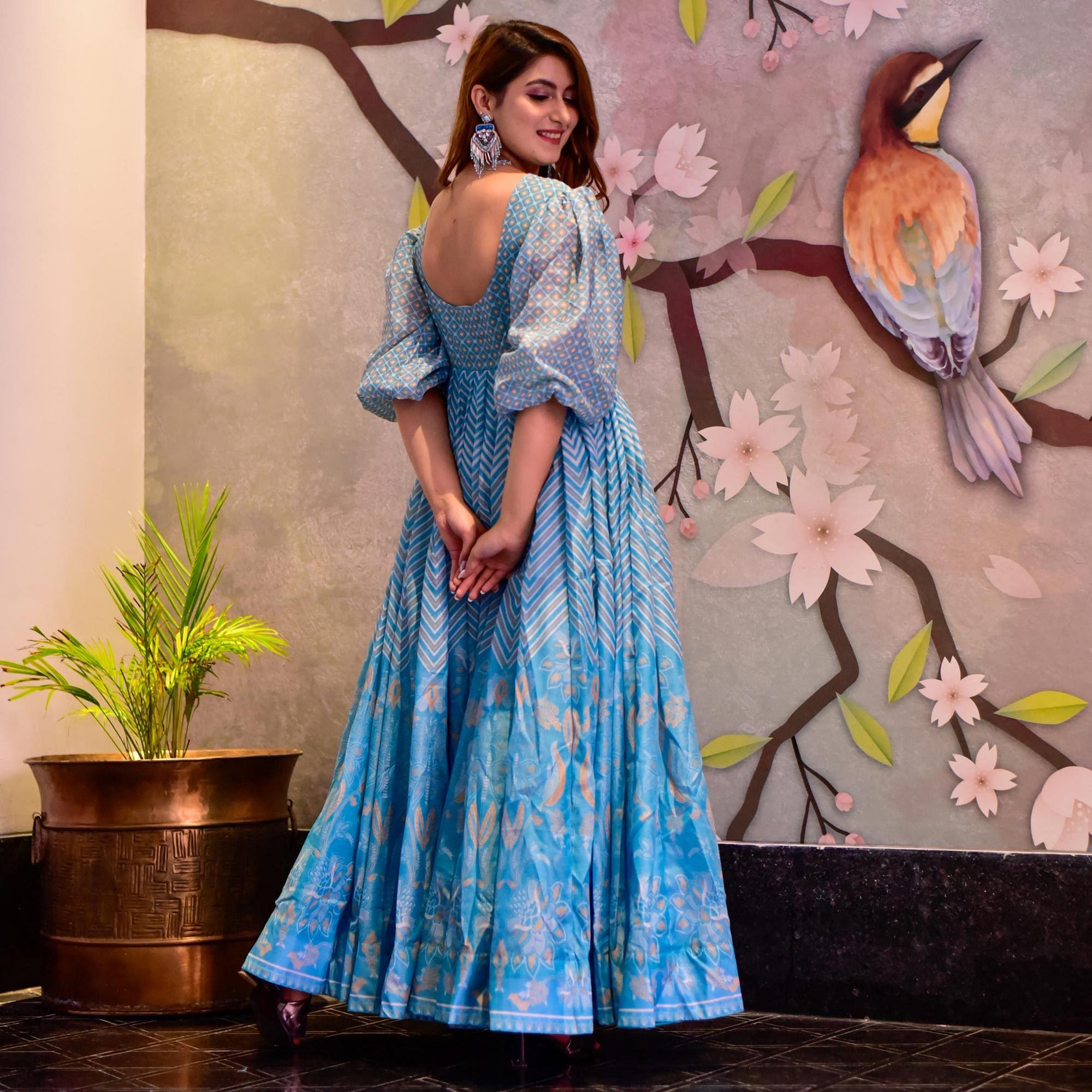 Sky Blue Digital Floral Printed Muslin Gown - Peachmode