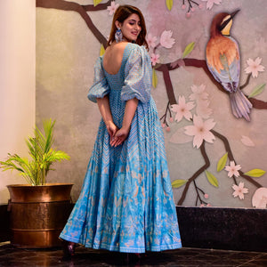 Sky Blue Digital Floral Printed Muslin Gown - Peachmode