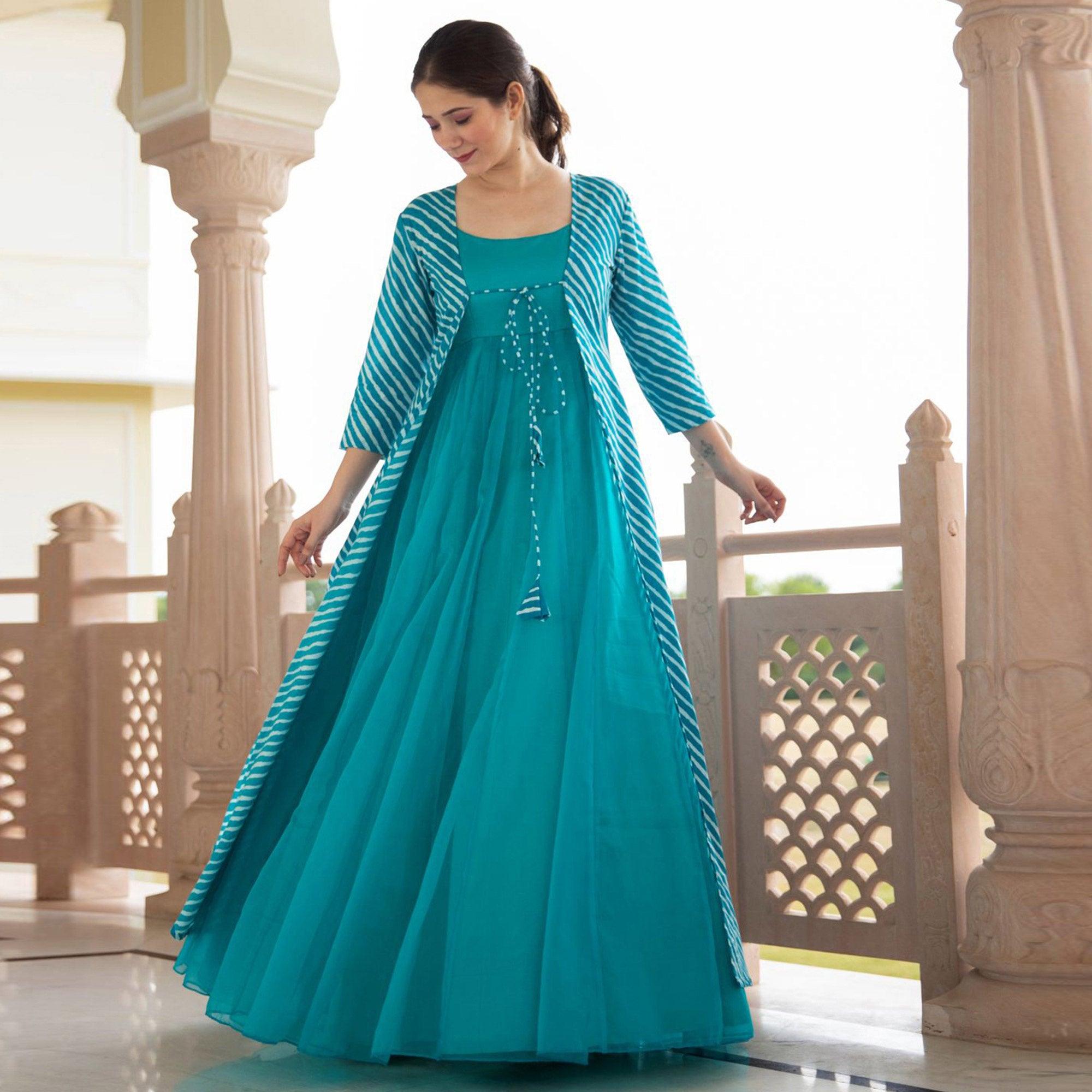 Sky Blue Digital Printed Georgette Kurti - Peachmode