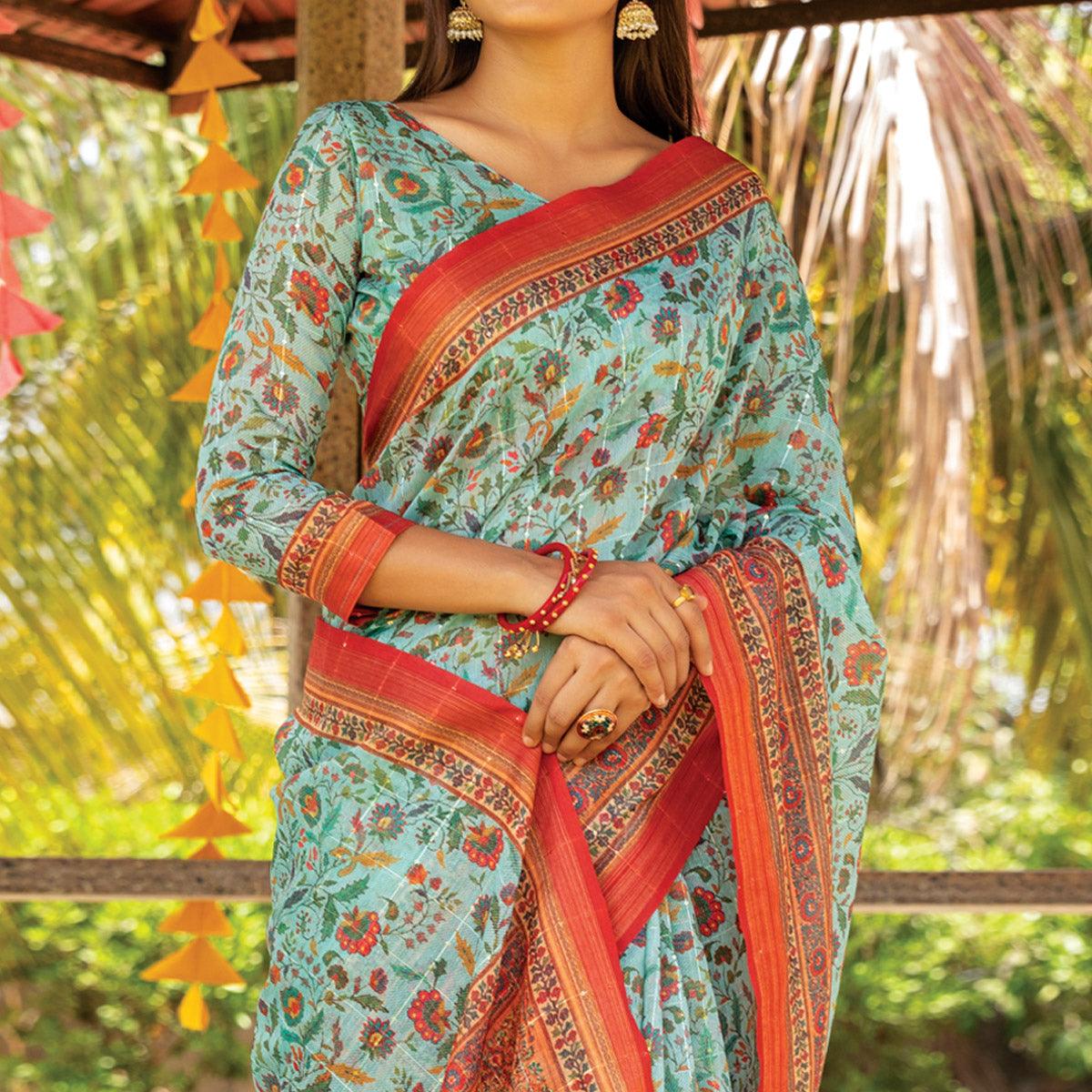 Sky Blue Digital Printed Linen Saree With Tassels - Peachmode