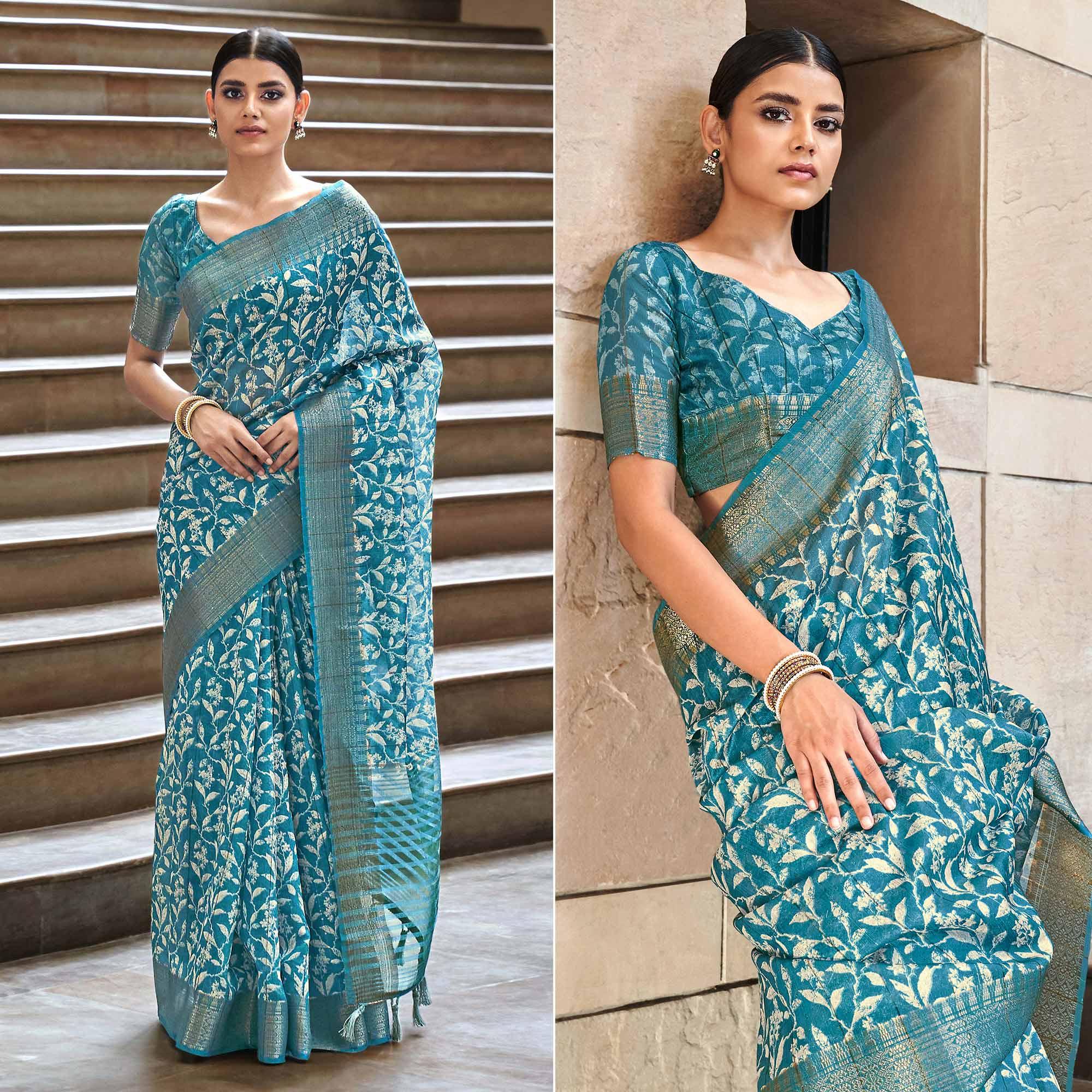 Sky Blue Digital Printed-Woven Art Silk Saree With Tassels - Peachmode