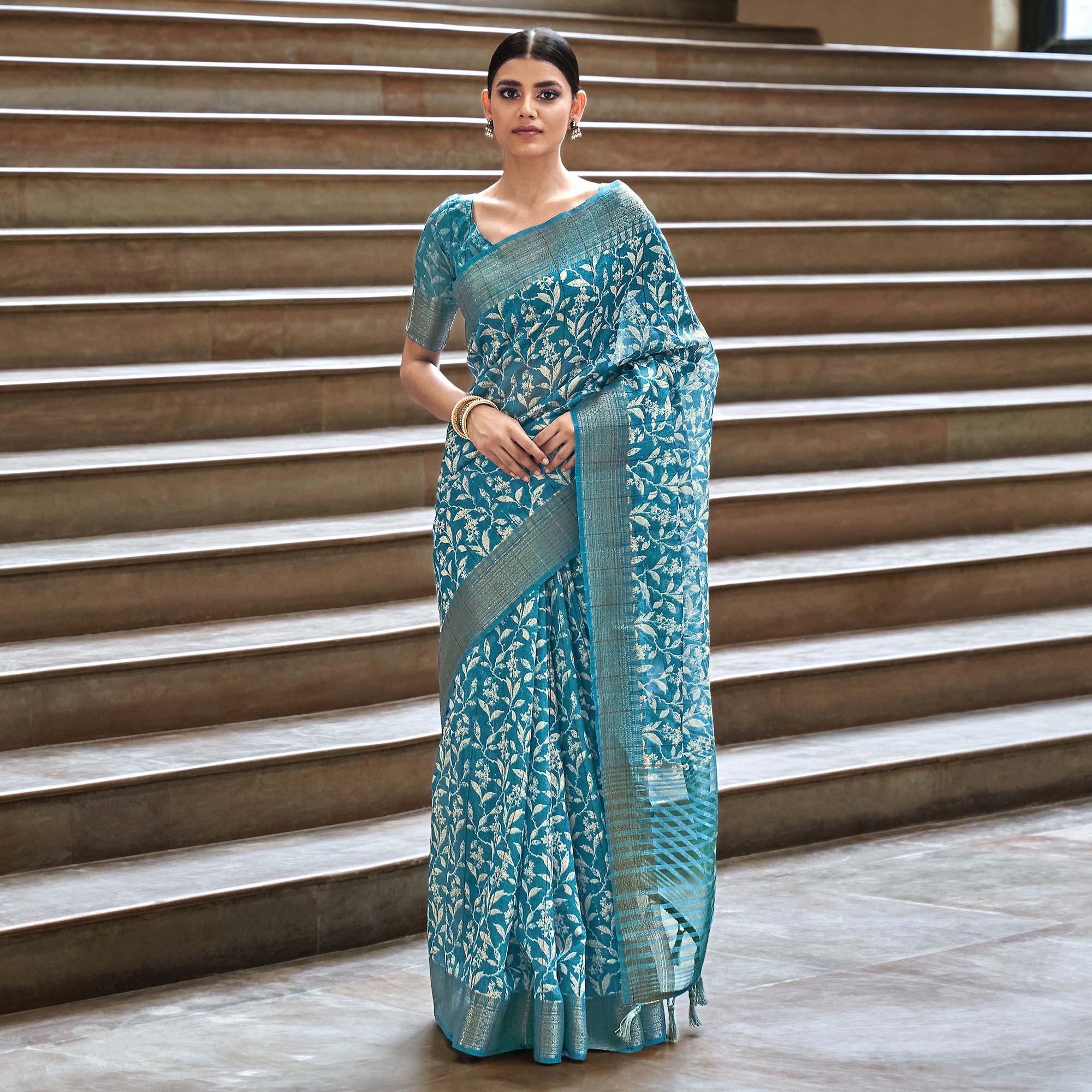 Sky Blue Digital Printed-Woven Art Silk Saree With Tassels - Peachmode