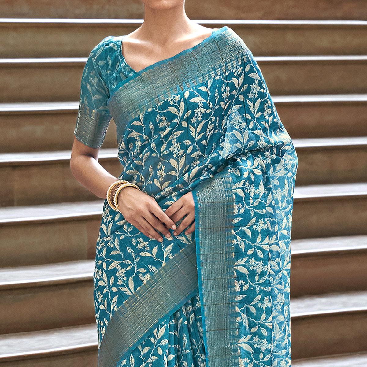 Sky Blue Digital Printed-Woven Art Silk Saree With Tassels - Peachmode