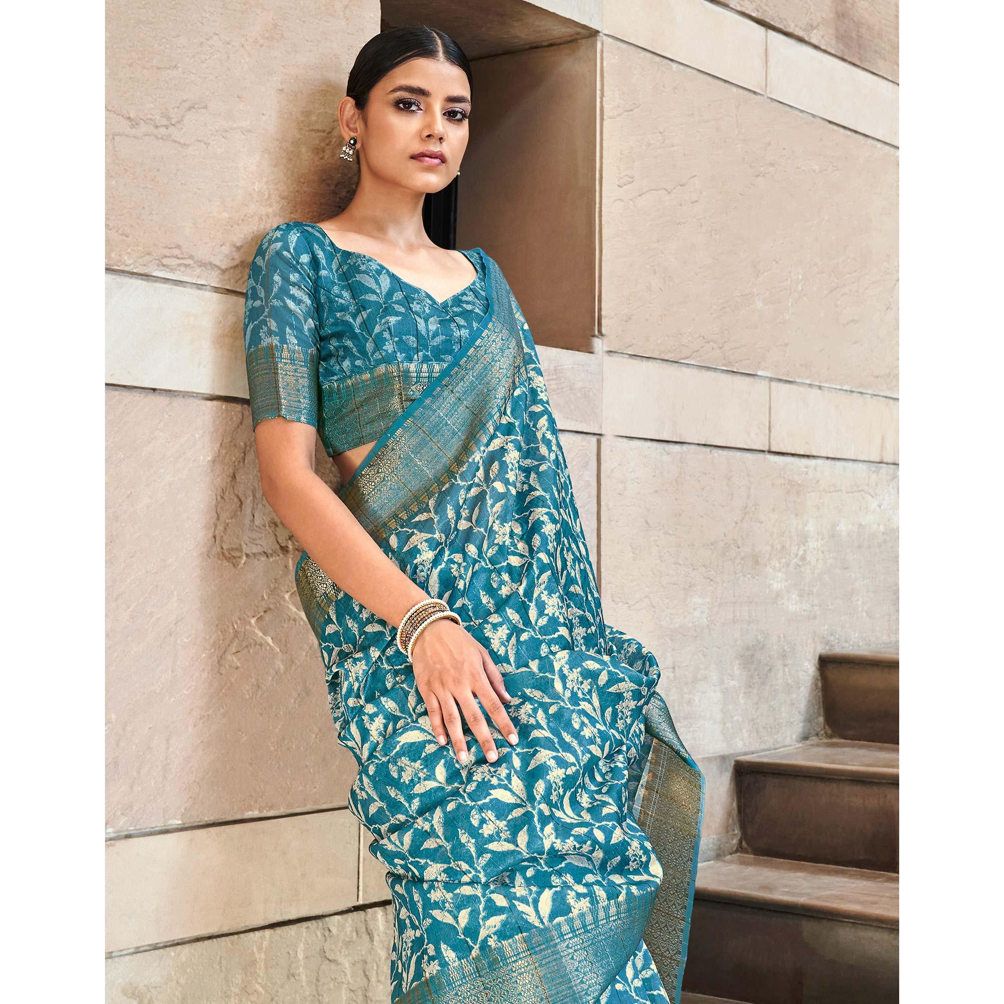 Sky Blue Digital Printed-Woven Art Silk Saree With Tassels - Peachmode