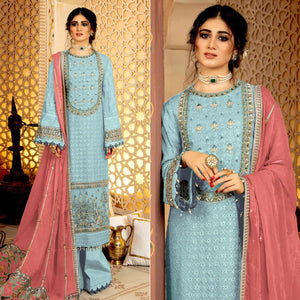Sky Blue Embellished With Embroidered Georgette Pakistani Suit - Peachmode