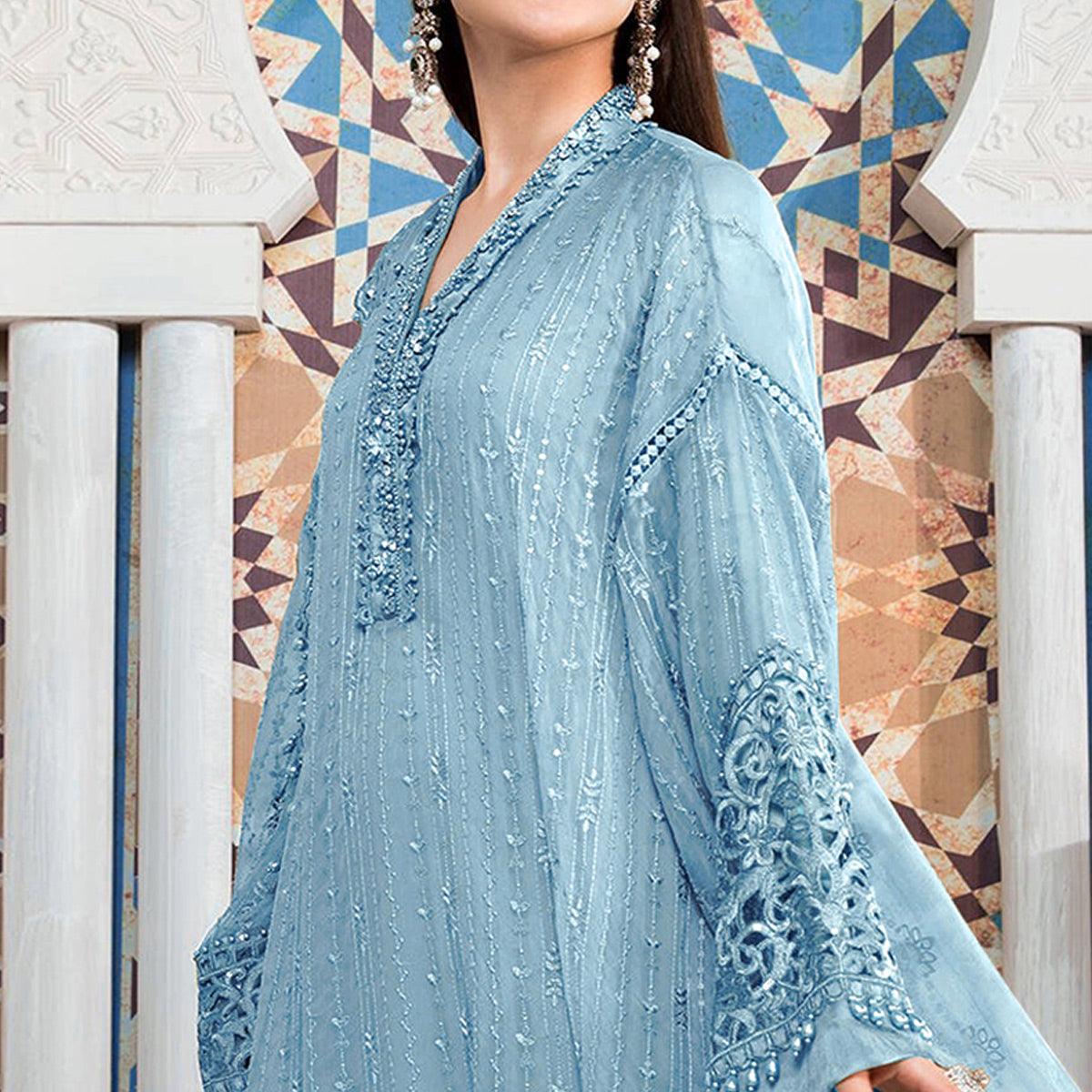 Sky Blue Embellished With Embroidered Georgette Pakistani Suit - Peachmode