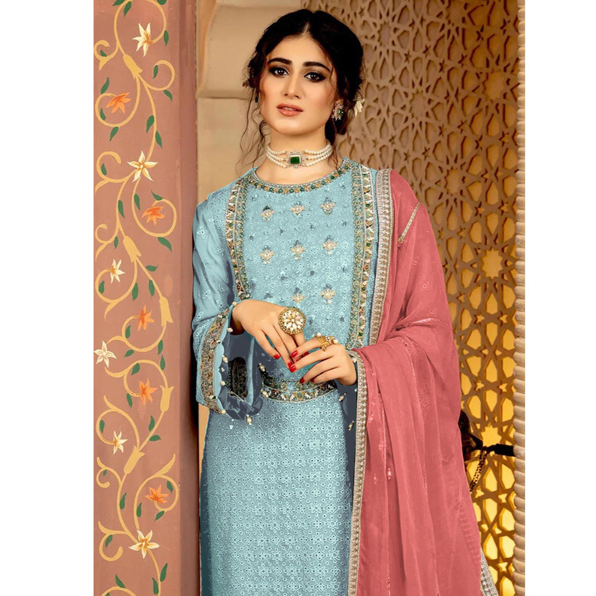 Sky Blue Embellished With Embroidered Georgette Pakistani Suit - Peachmode