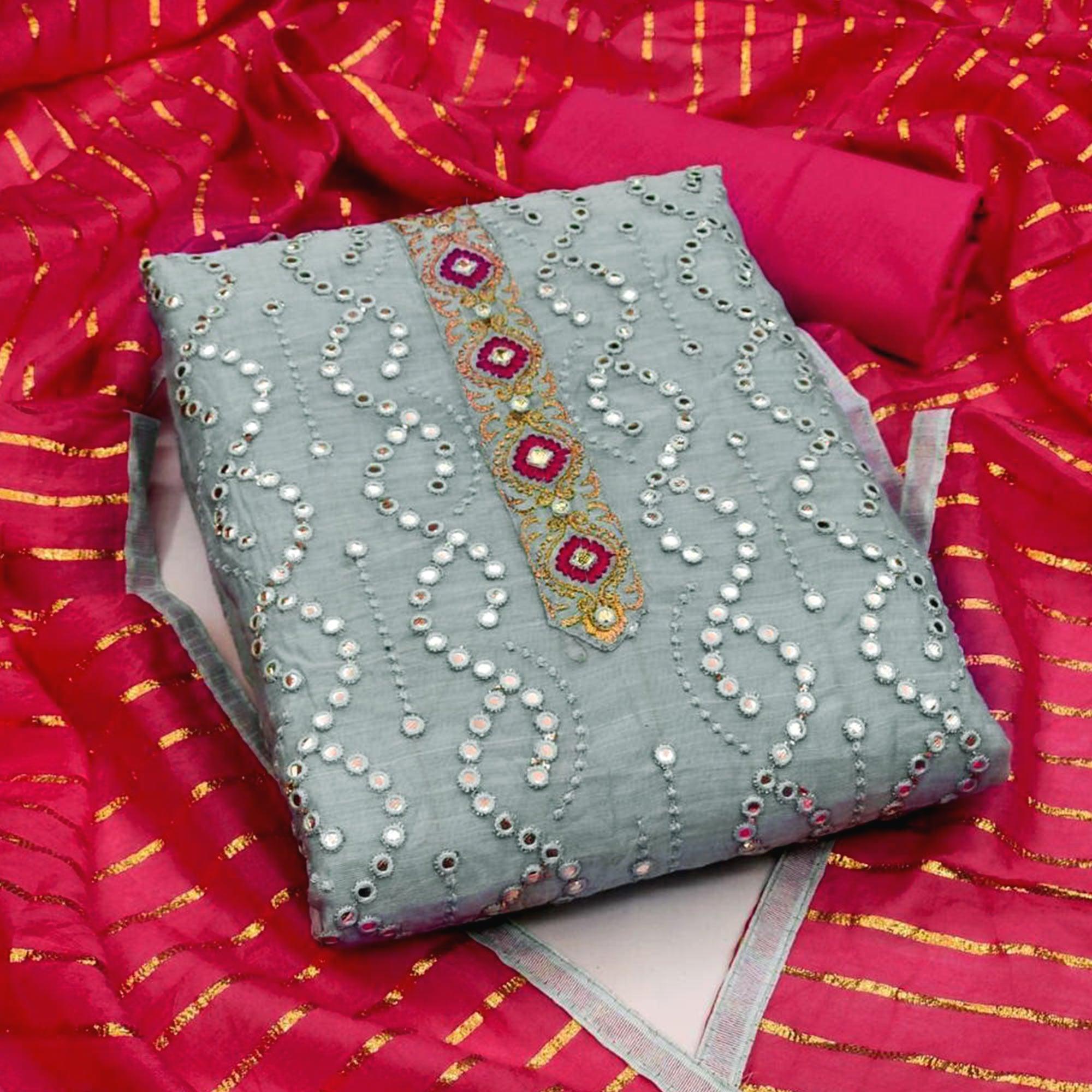 Sky Blue Embroidered Chanderi Dress Material - Peachmode