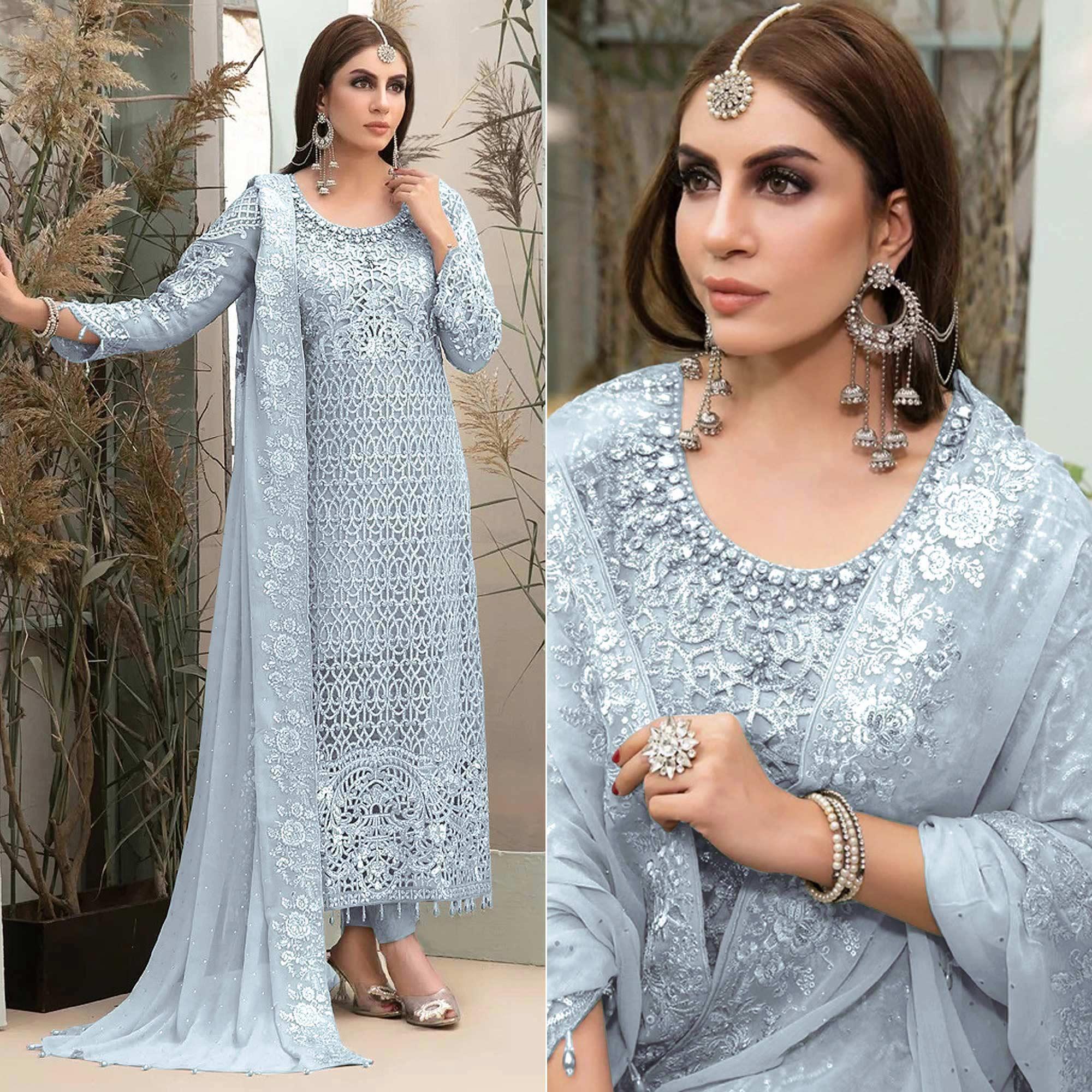 Sky Blue Embroidered Georgette Pakistani Suit - Peachmode