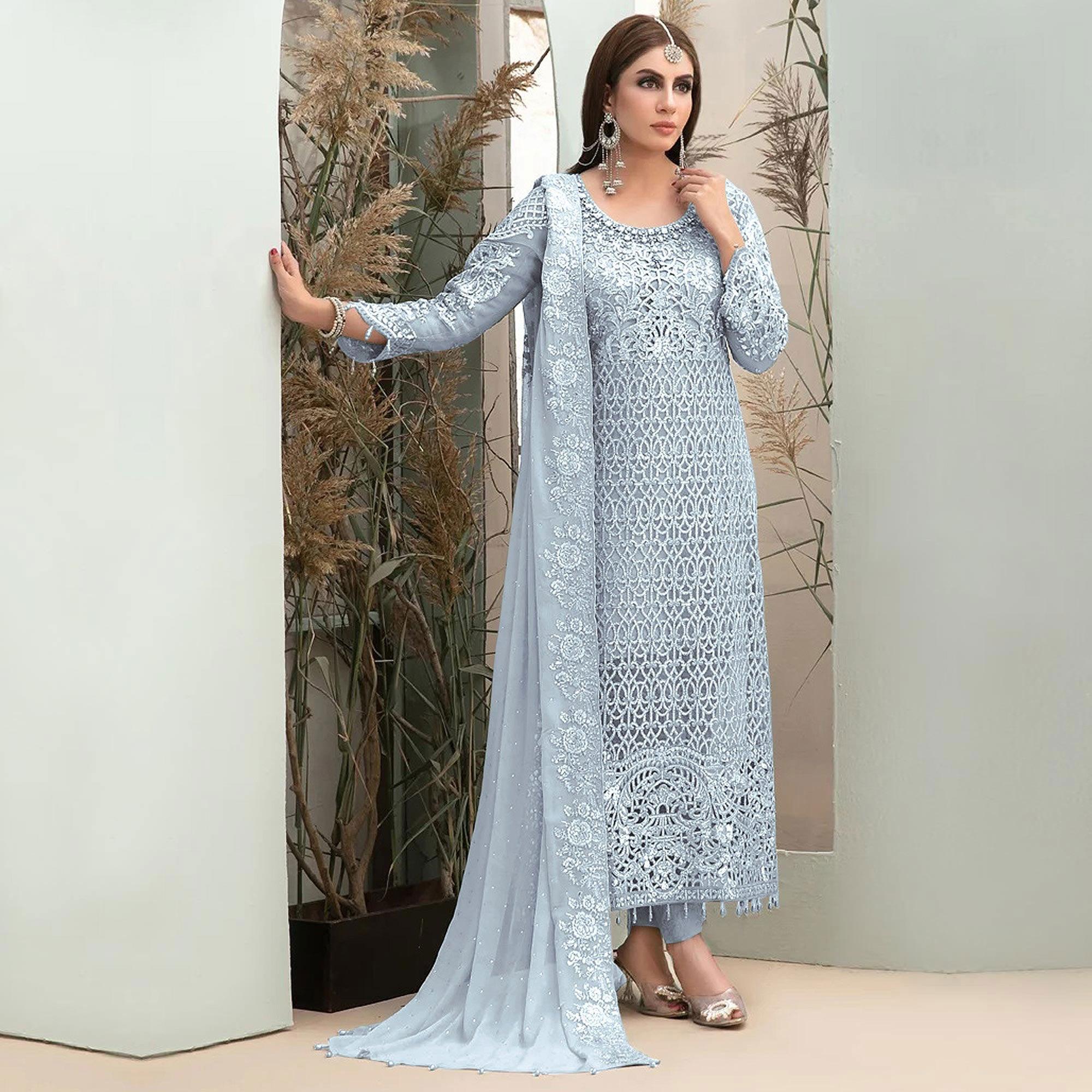 Sky Blue Embroidered Georgette Pakistani Suit - Peachmode