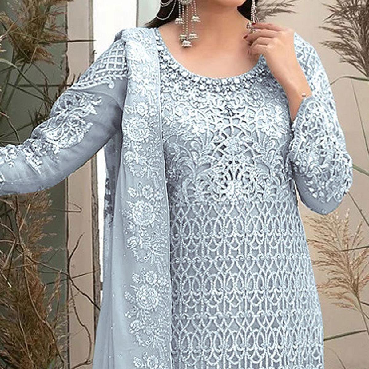 Sky Blue Embroidered Georgette Pakistani Suit - Peachmode