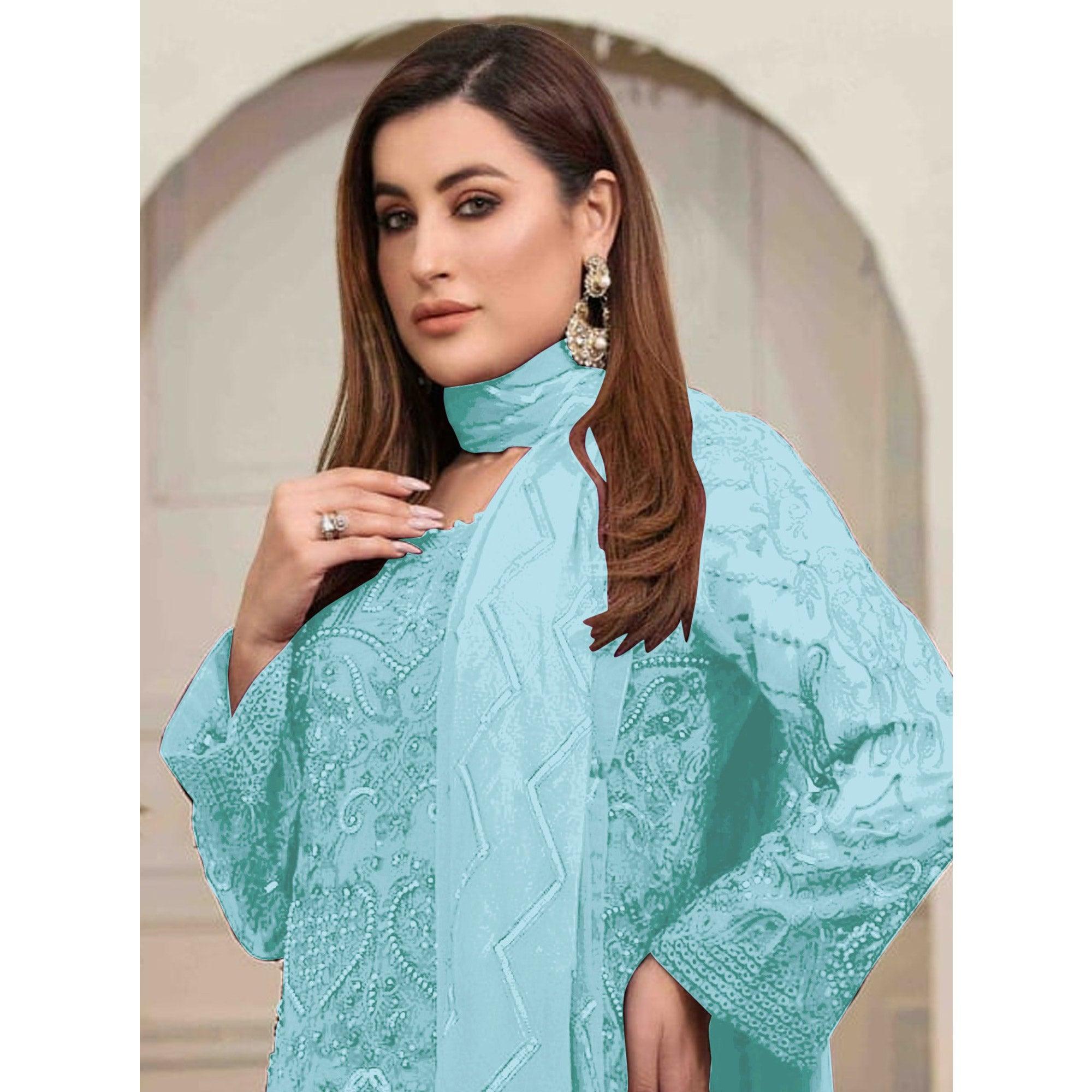 Sky Blue Embroidered Georgette Pakistani Suit - Peachmode