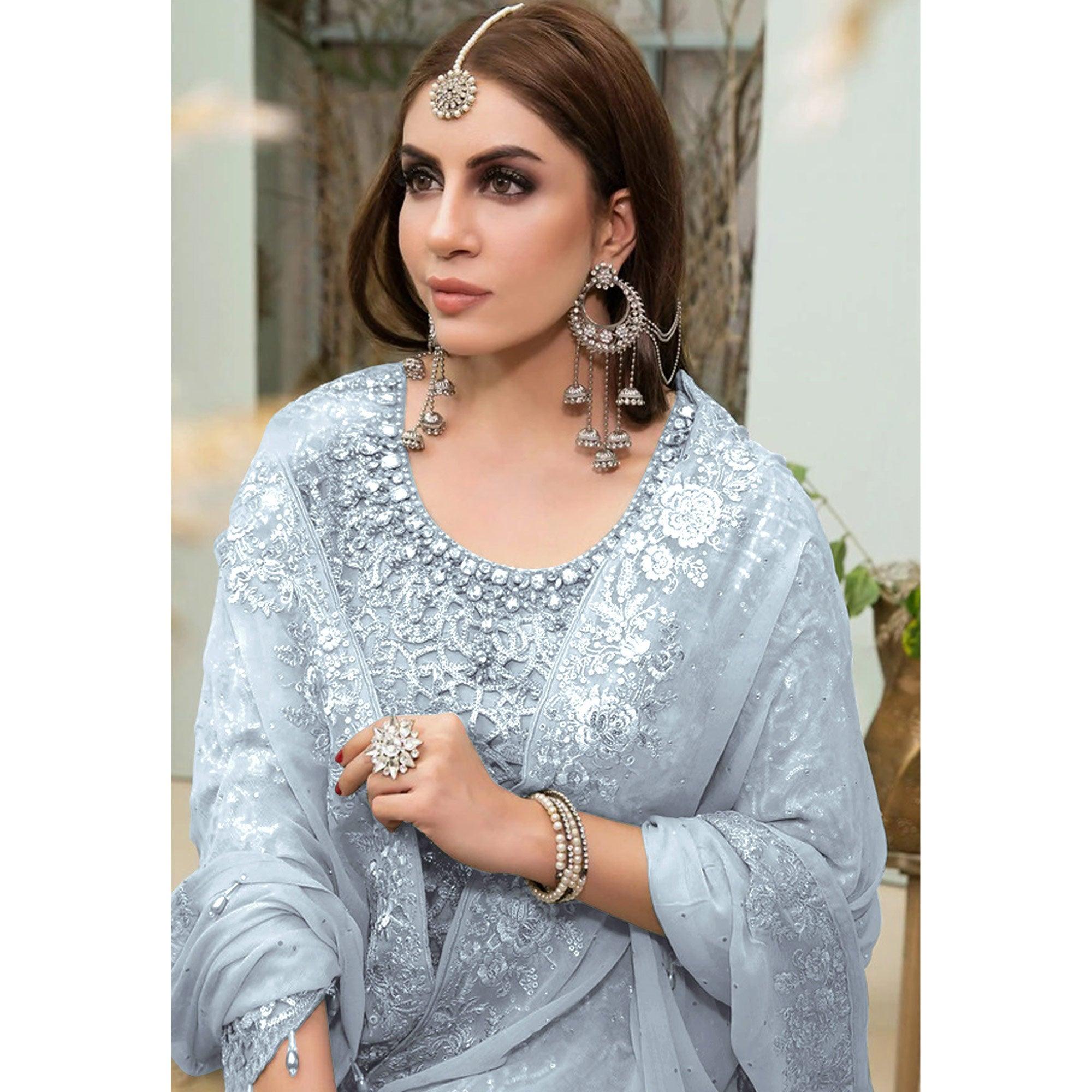 Sky Blue Embroidered Georgette Pakistani Suit - Peachmode