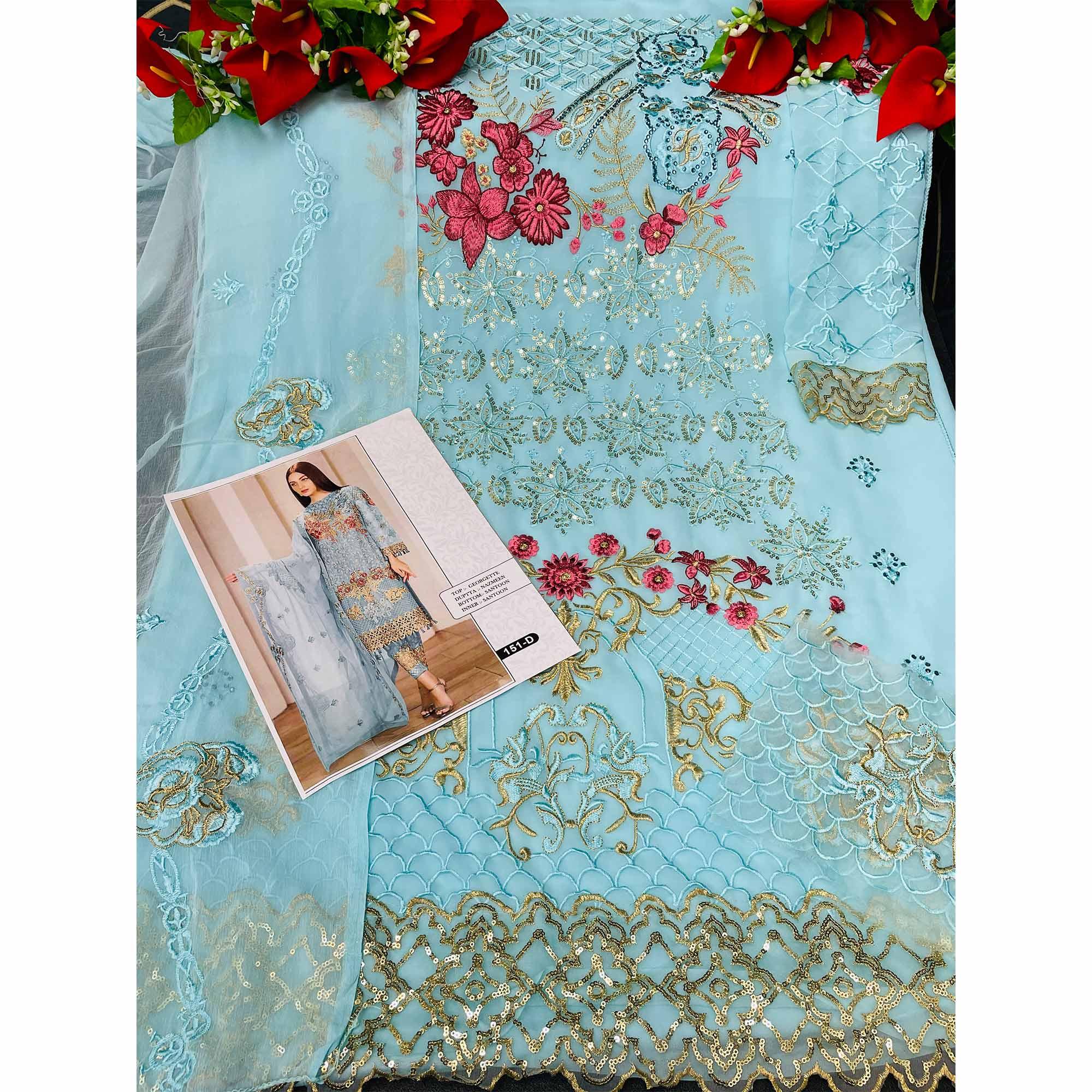 Sky Blue Embroidered Georgette Pakistani Suit - Peachmode
