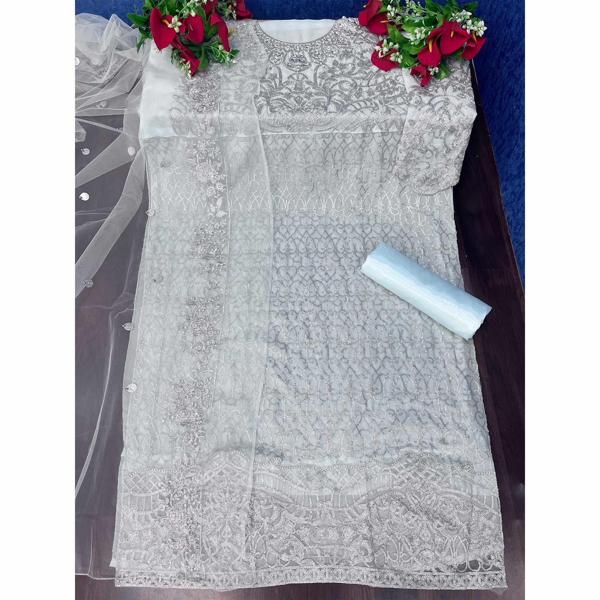 Sky Blue Embroidered Georgette Pakistani Suit - Peachmode